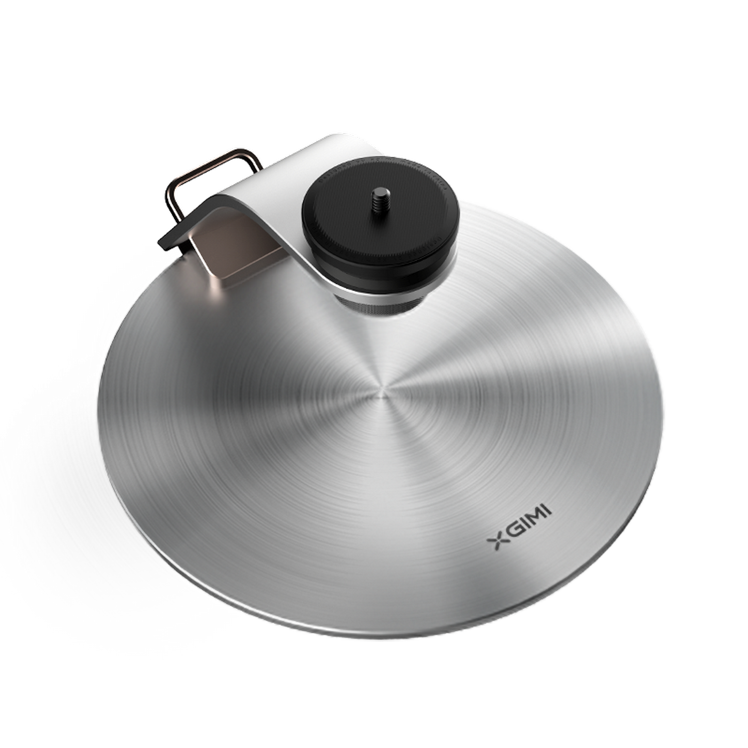 Silver projector mount, with a circular base and a black mounting head.