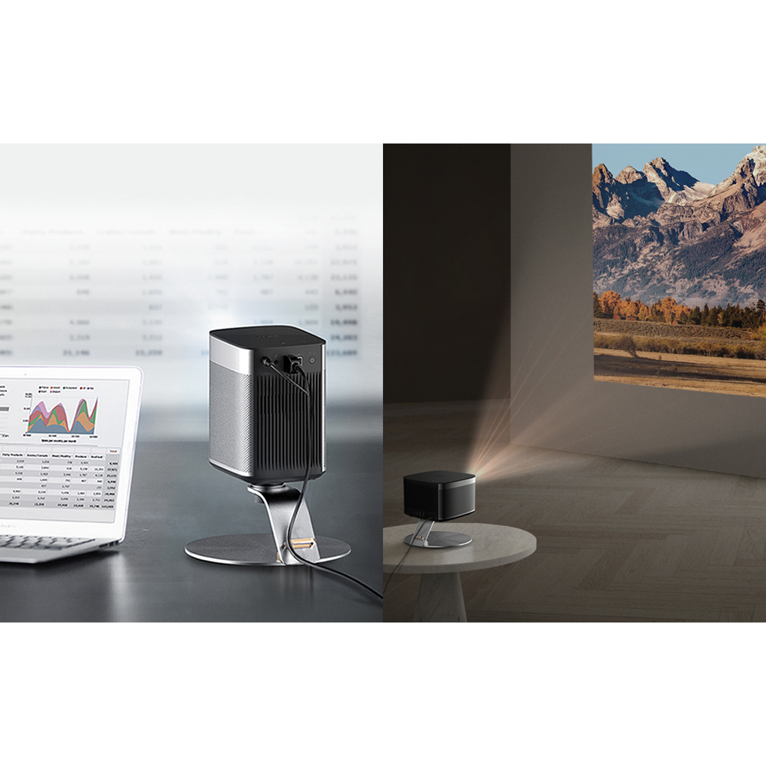 Projector displays a mountain scene, with a laptop showing graphs. A second projector sits on a table.