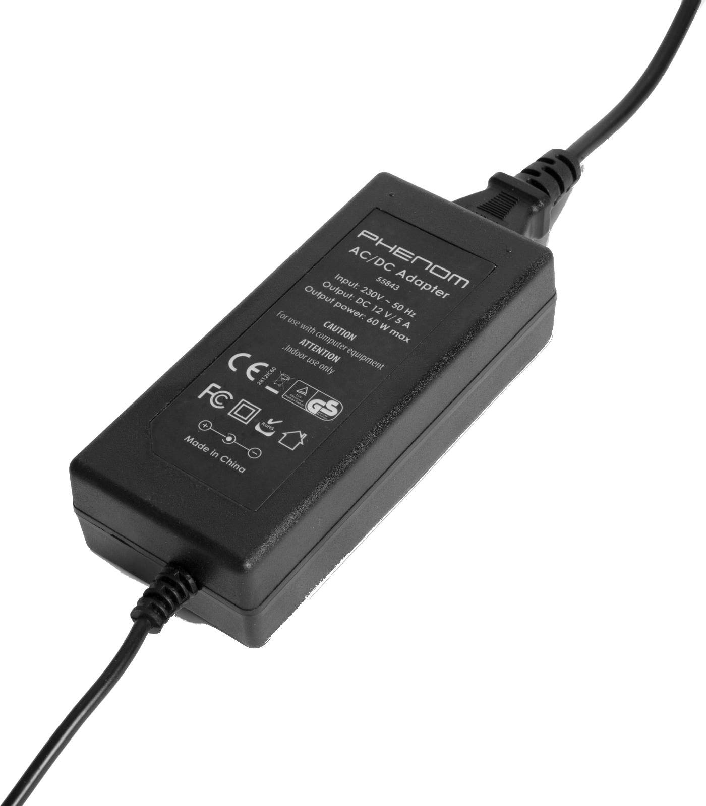 Fekete AC/DC adapter fekete kábellel, Phenom AC/DC adapter felirattal.