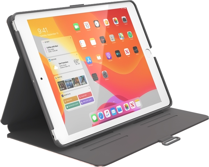 Tablet szürke tokban, világos képernyővel, app ikonokkal. A háttér fekete.