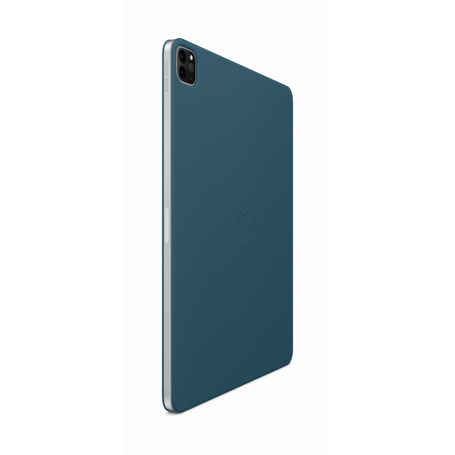 Blauwgroene iPad Pro, achteraanzicht, met Apple-logo, op een witte achtergrond.