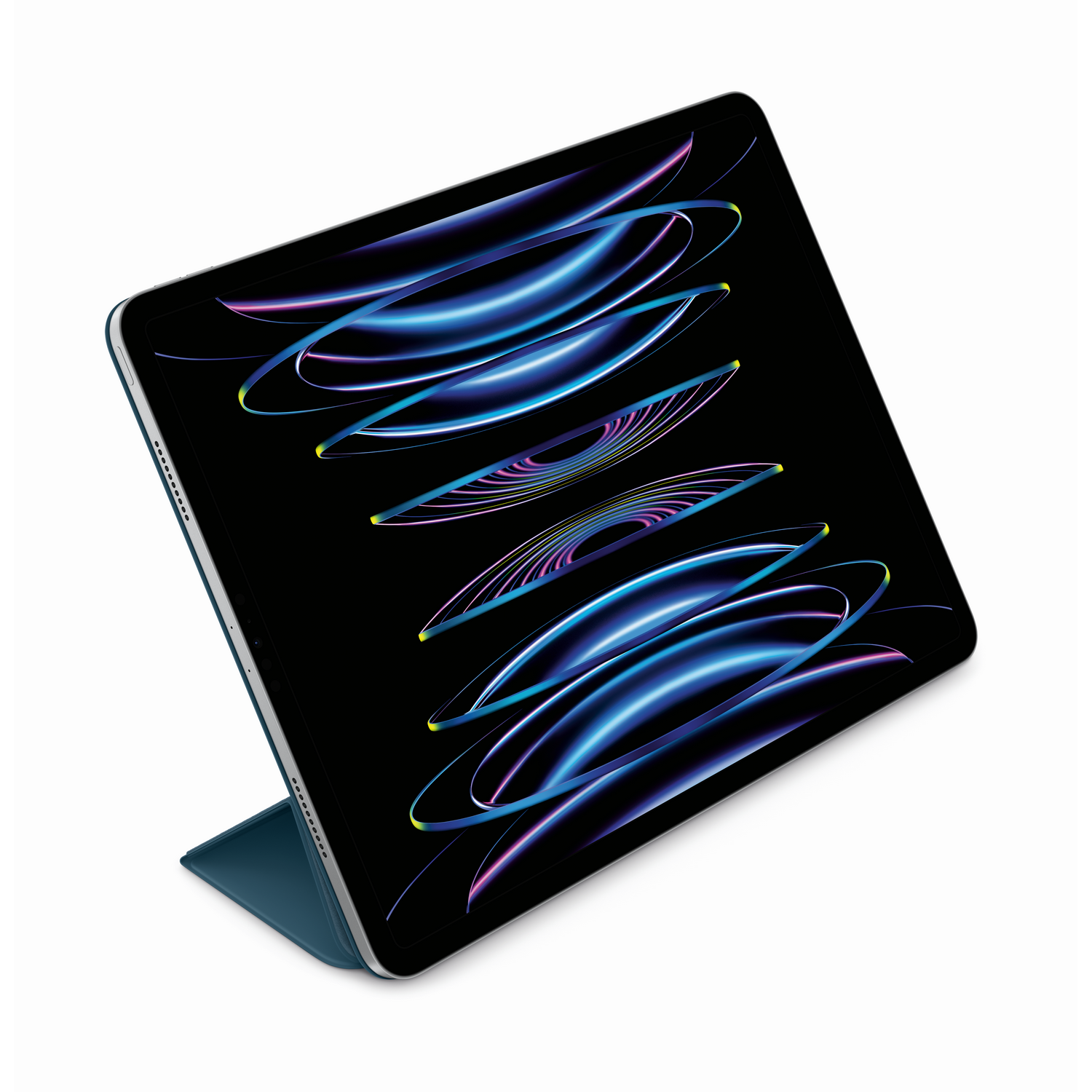 Tablet met opengeklapte blauwe hoes, met een kleurrijke abstracte achtergrond.