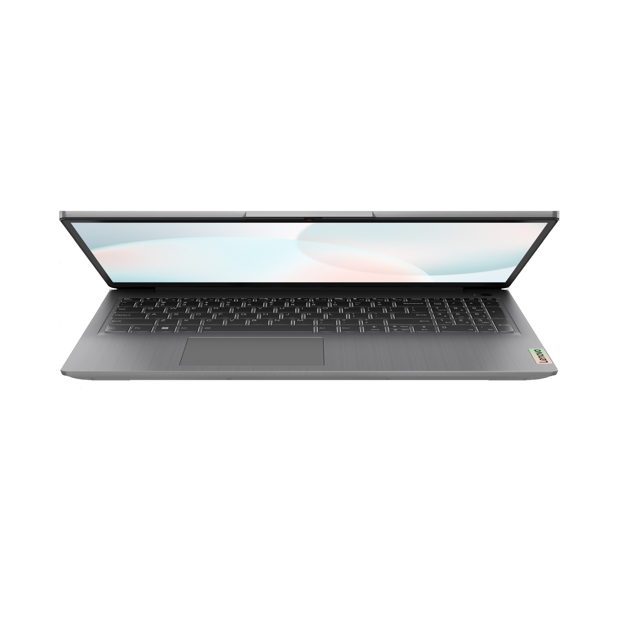 Grauer Laptop mit offenem Bildschirm, zeigt eine einfache Oberfläche, von oben betrachtet, vor weißem Hintergrund.