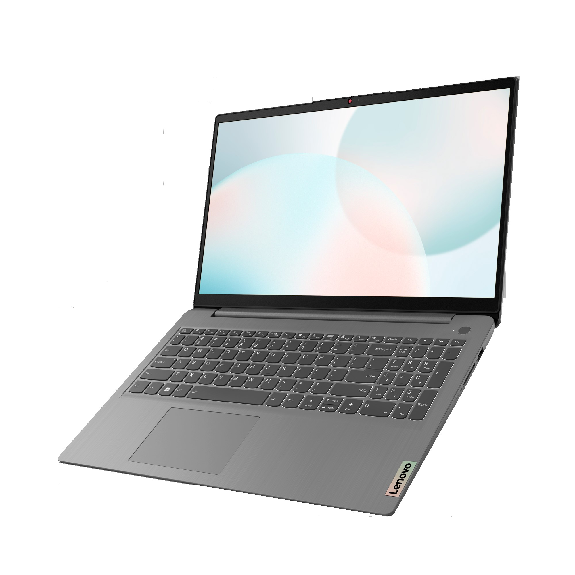 Grauer Lenovo Laptop mit Bildschirm, der einen hellen Hintergrund zeigt, geöffnet auf weißer Oberfläche.