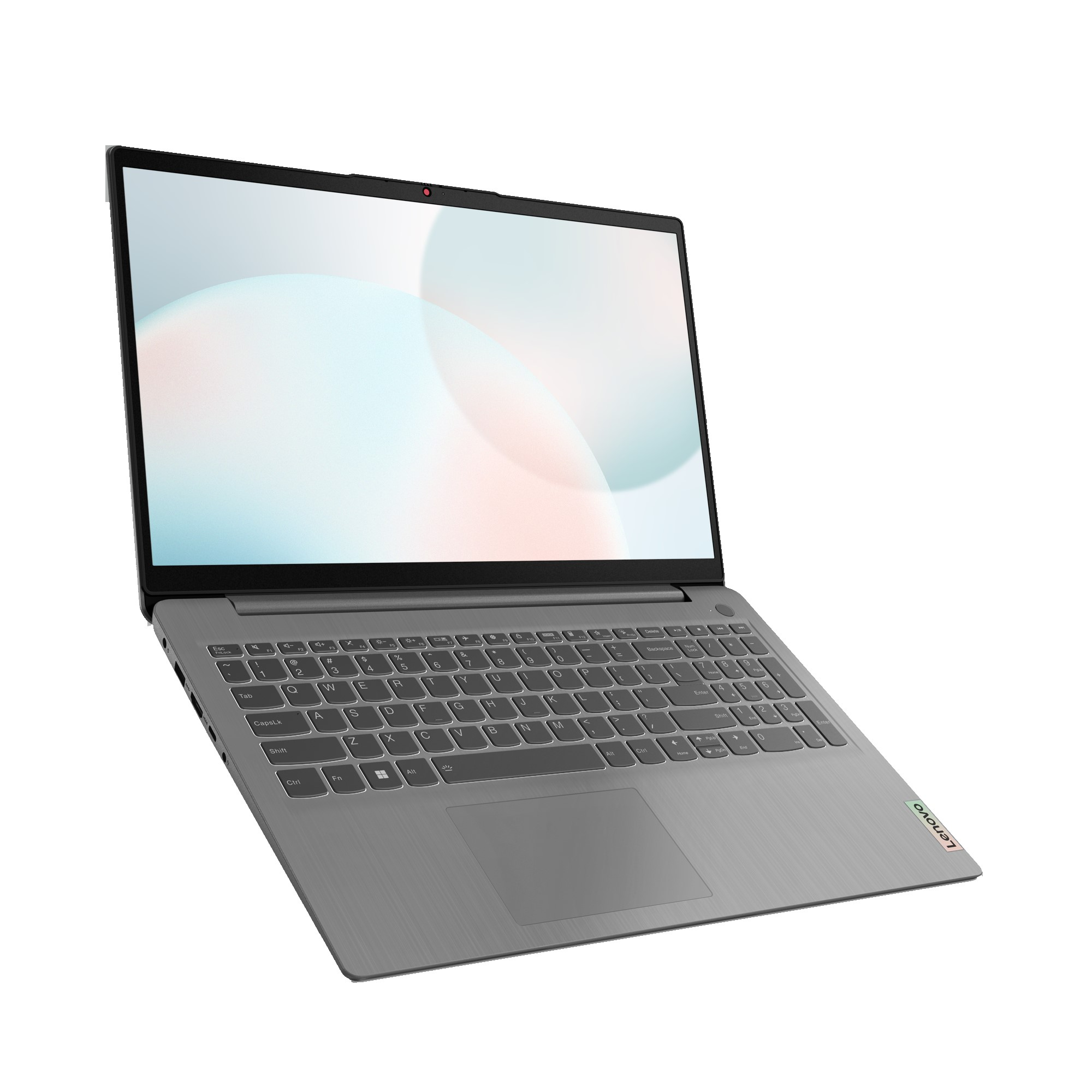Ein silberner Laptop-Computer, geöffnet, auf weißem Hintergrund. Der Bildschirm zeigt ein helles, abstraktes Muster.