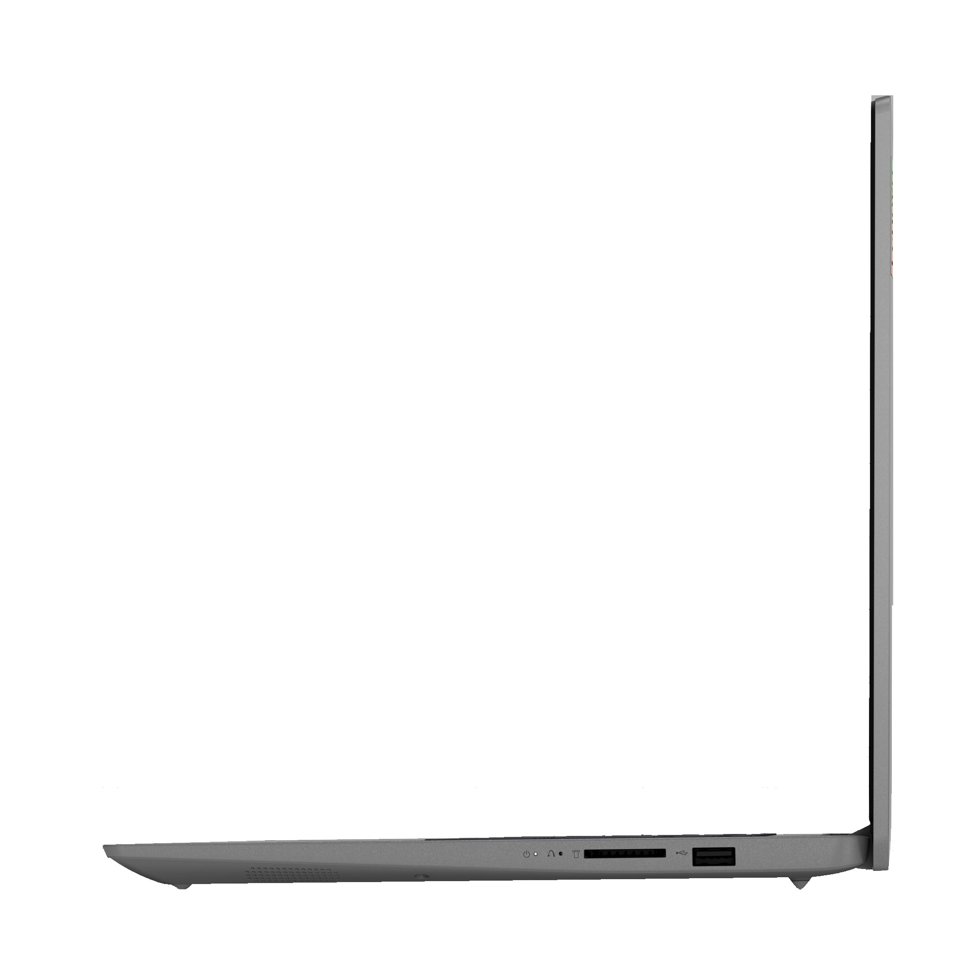 Ein grauer Laptop-Computer ist von der Seite zu sehen. Der Bildschirm ist geschlossen. Die Anschlüsse sind sichtbar.
