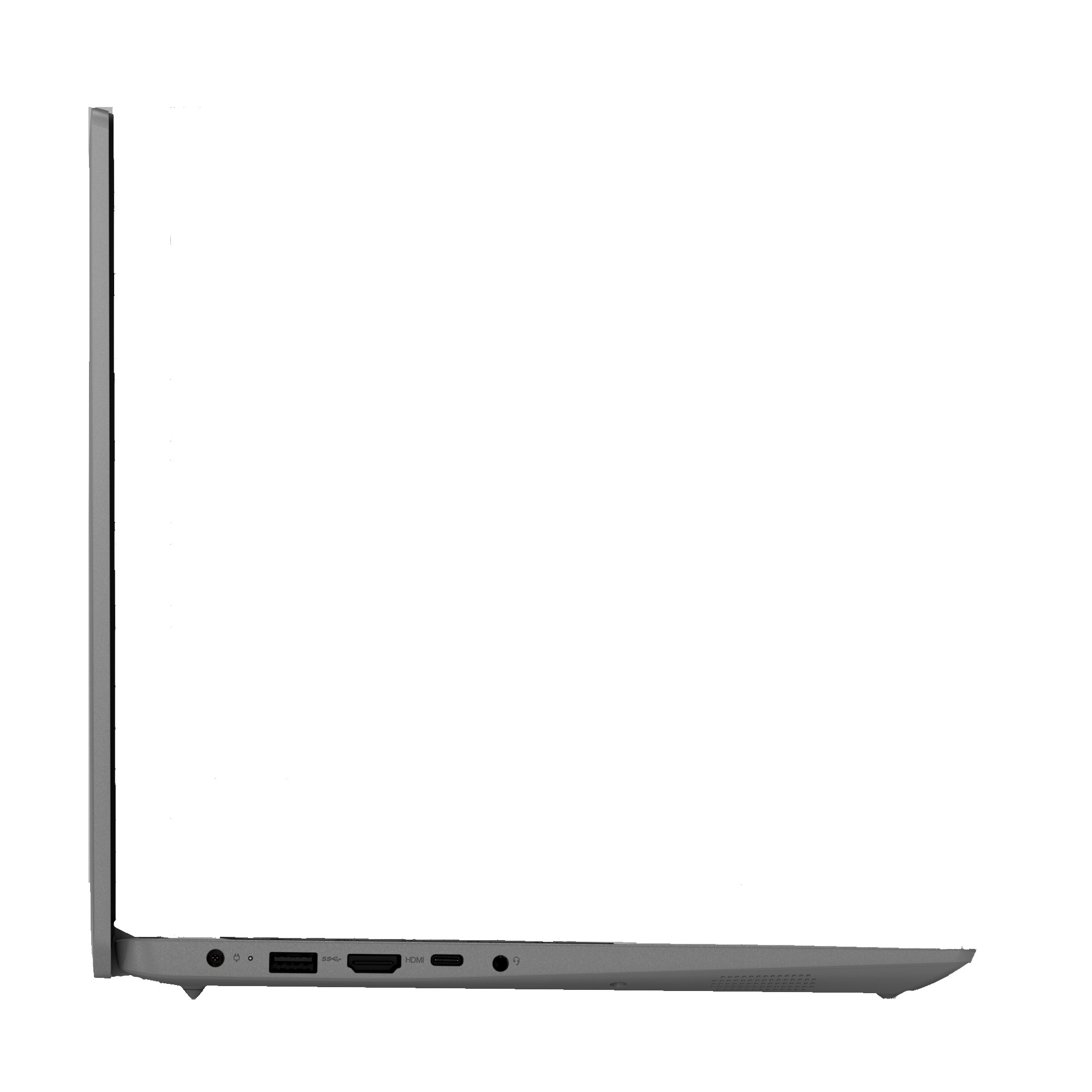 Seitenansicht eines geschlossenen grauen Laptops, Anschlüsse sichtbar, weißer Hintergrund.
