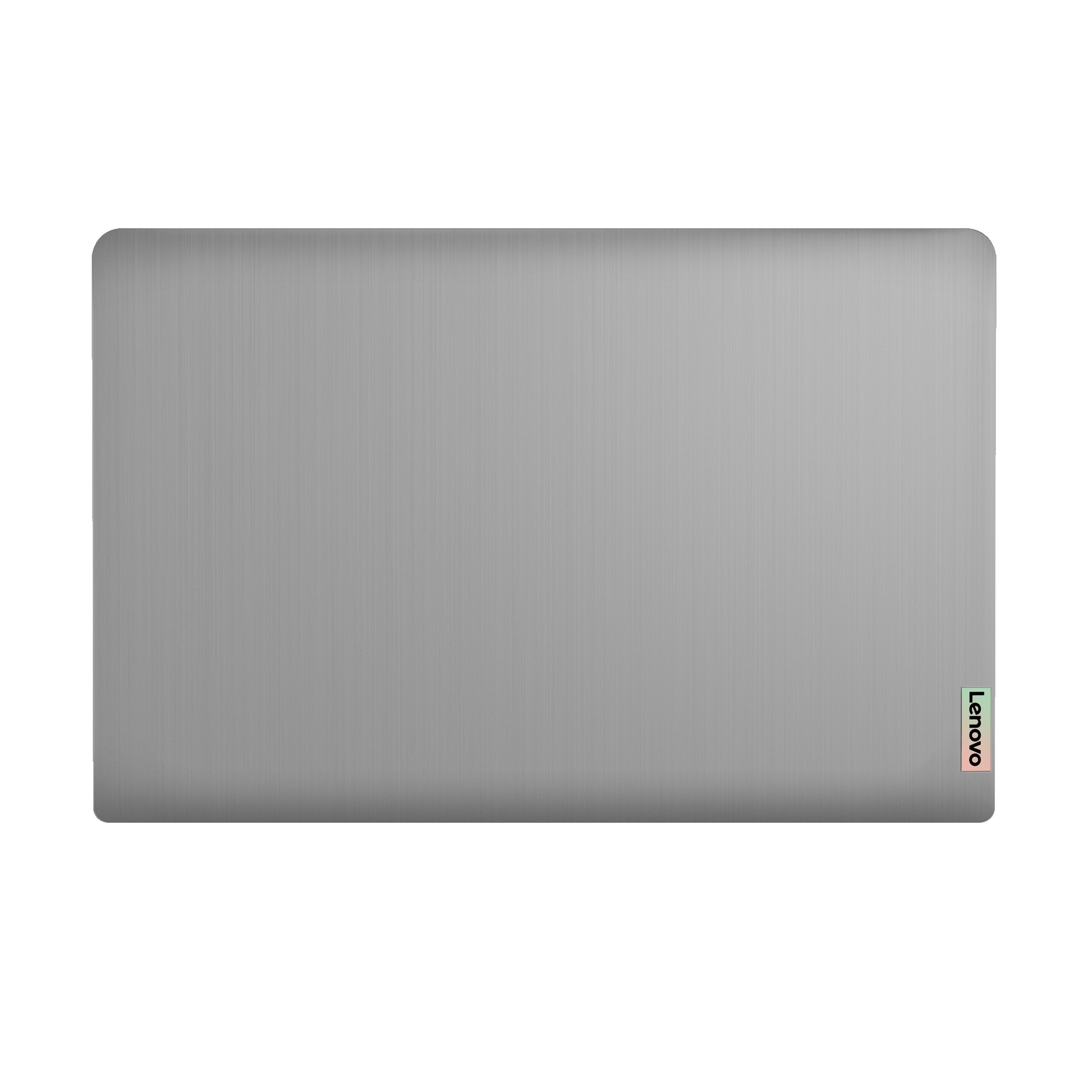 Silberner Lenovo-Laptop, Draufsicht, geschlossen. Lenovo-Logo ist auf der rechten Seite des Deckels sichtbar.