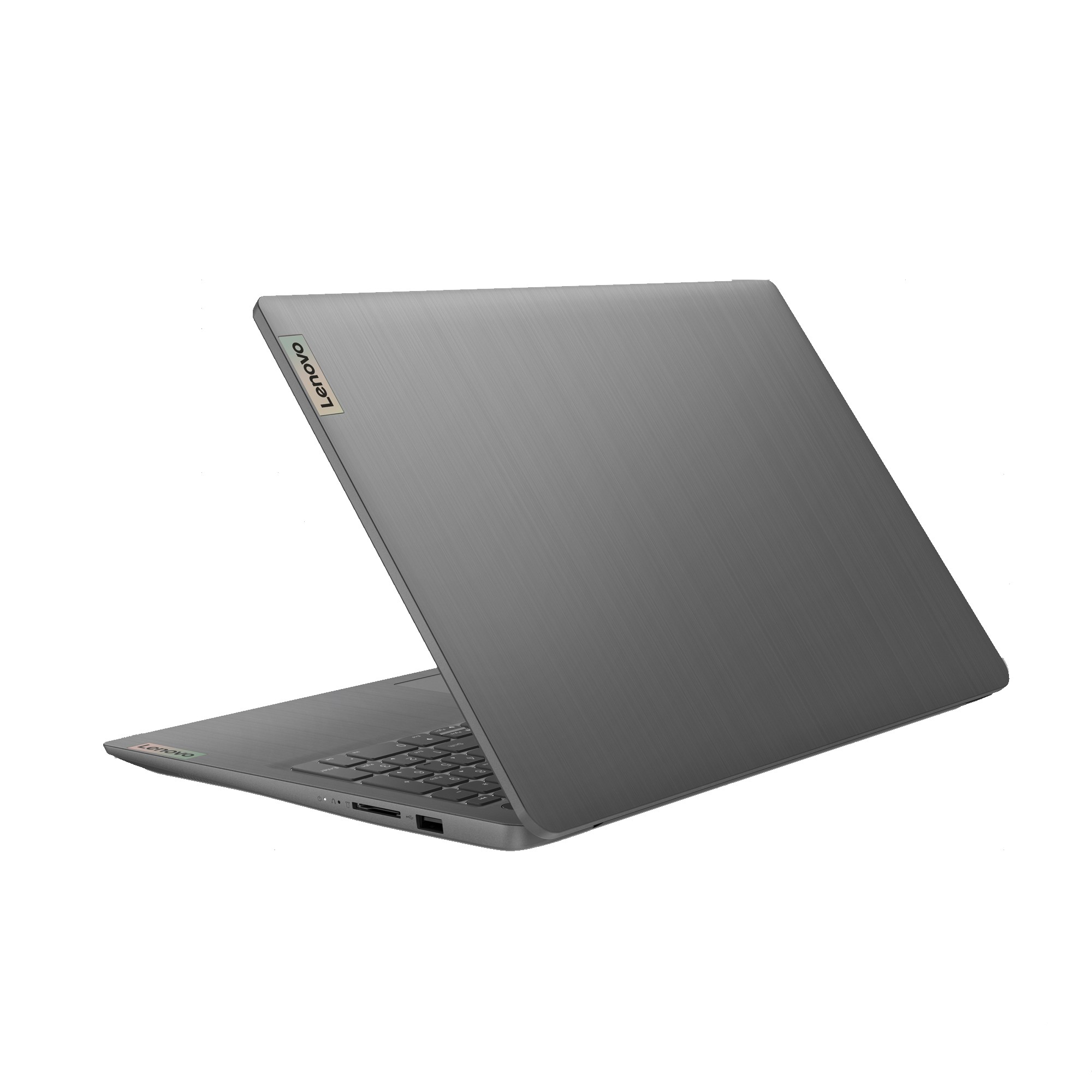 Ein grauer Lenovo-Laptop, leicht geöffnet, abgewinkelt, mit sichtbar Logo, auf weißem Hintergrund.