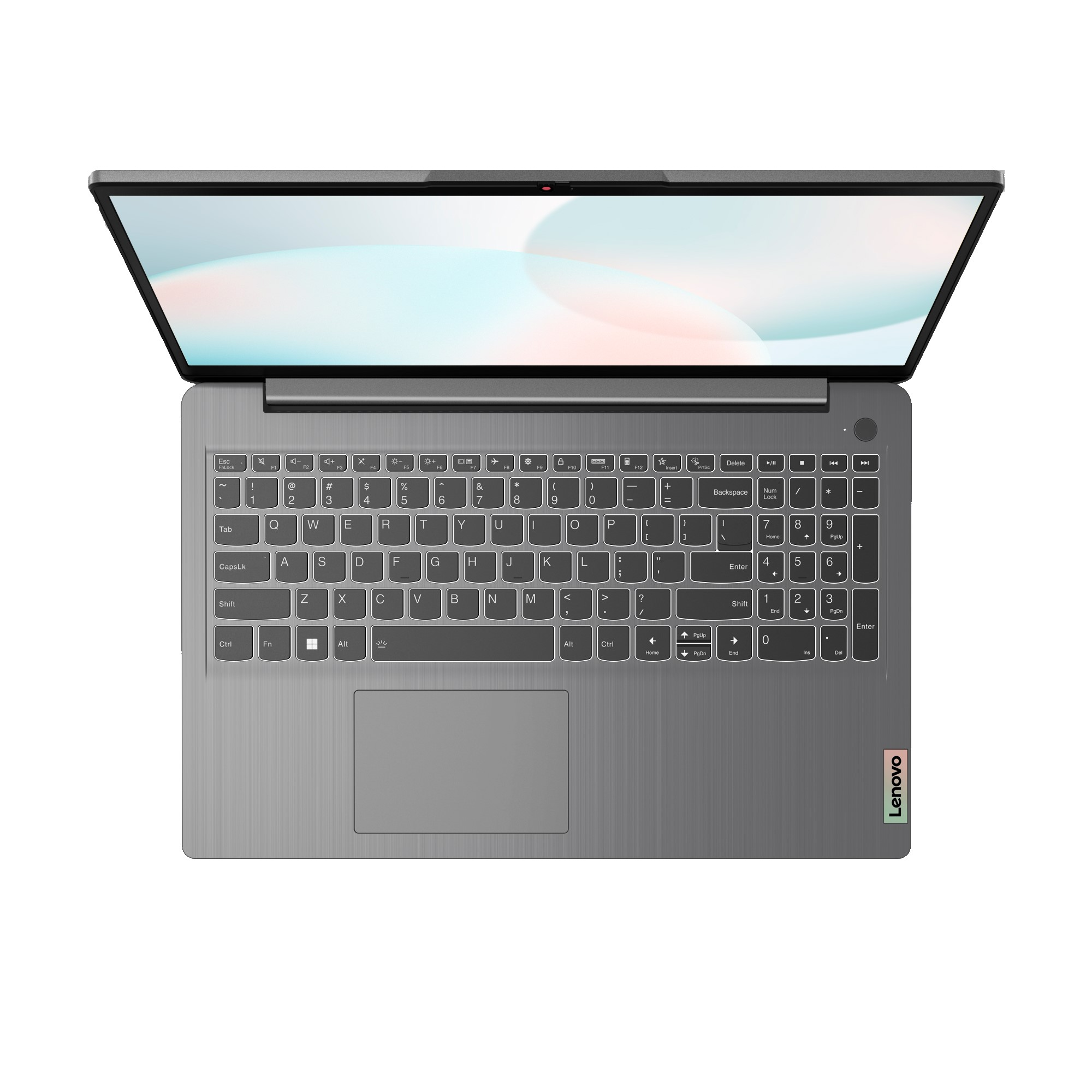 Laptop, geöffnet, Draufsicht. Tastatur sichtbar, silbernes Gehäuse, Bildschirm zeigt eine Desktop-Oberfläche.