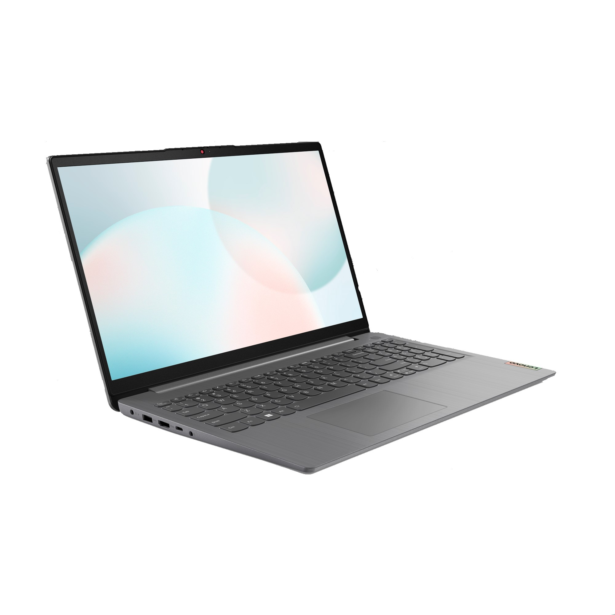 Grauer Laptop mit geöffnetem Bildschirm, der einen Bildschirm anzeigt. Der Hintergrund ist weiß.
