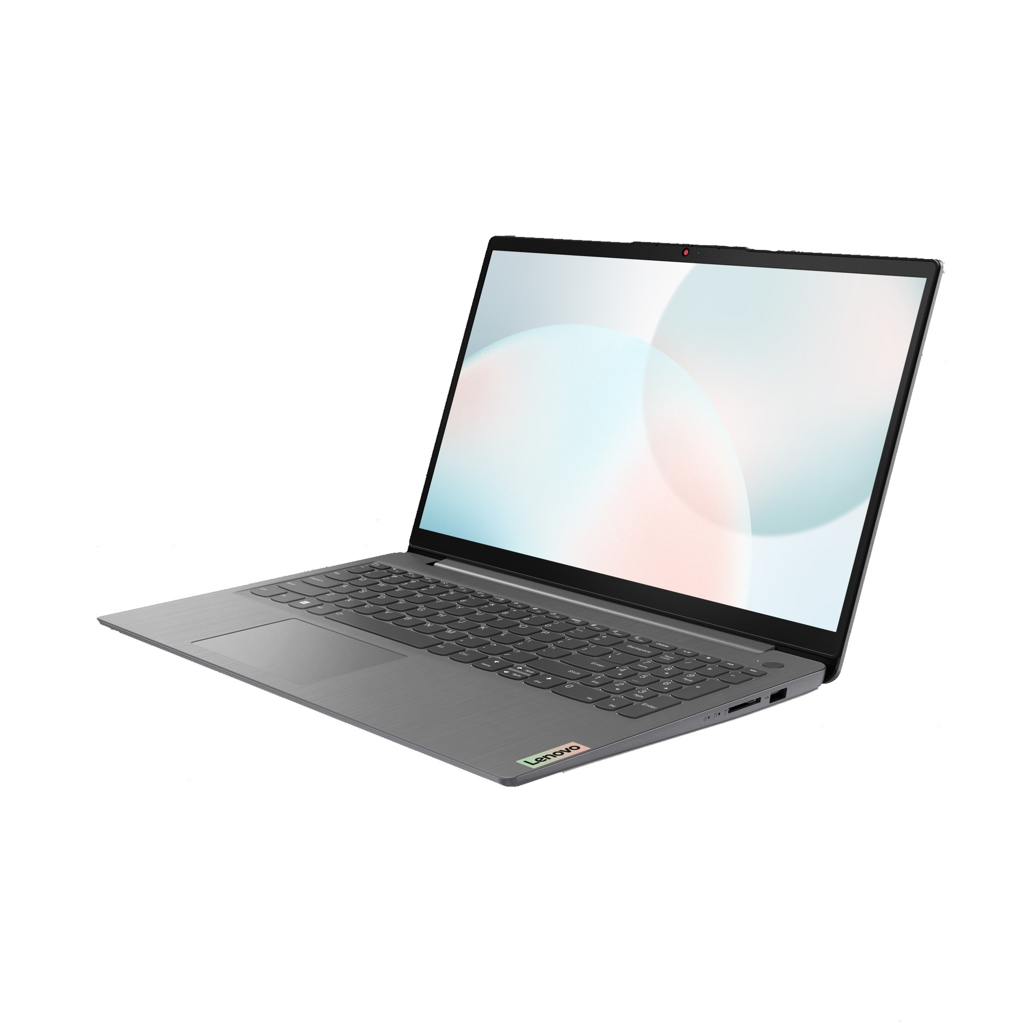 Grauer Laptop auf weißem Hintergrund. Der Bildschirm zeigt ein verschwommenes weiß-blaues Design. Lenovo-Logo unten.