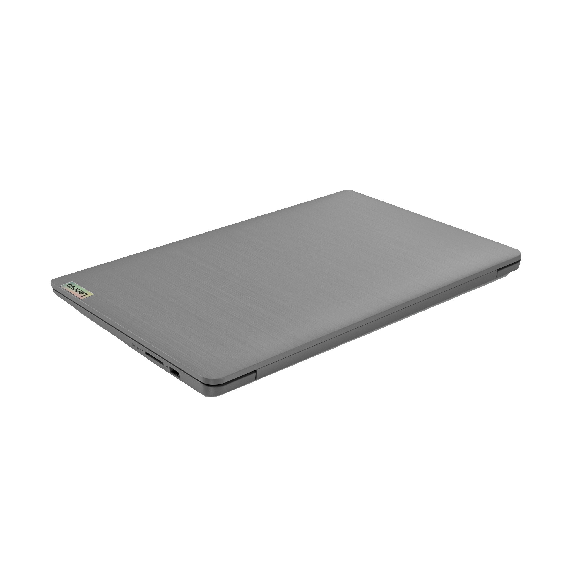 Ein geschlossener grauer Laptop auf einer weißen Oberfläche. Der Laptop hat ein Lenovo-Logo und eine gebürstete Metalloberfläche.