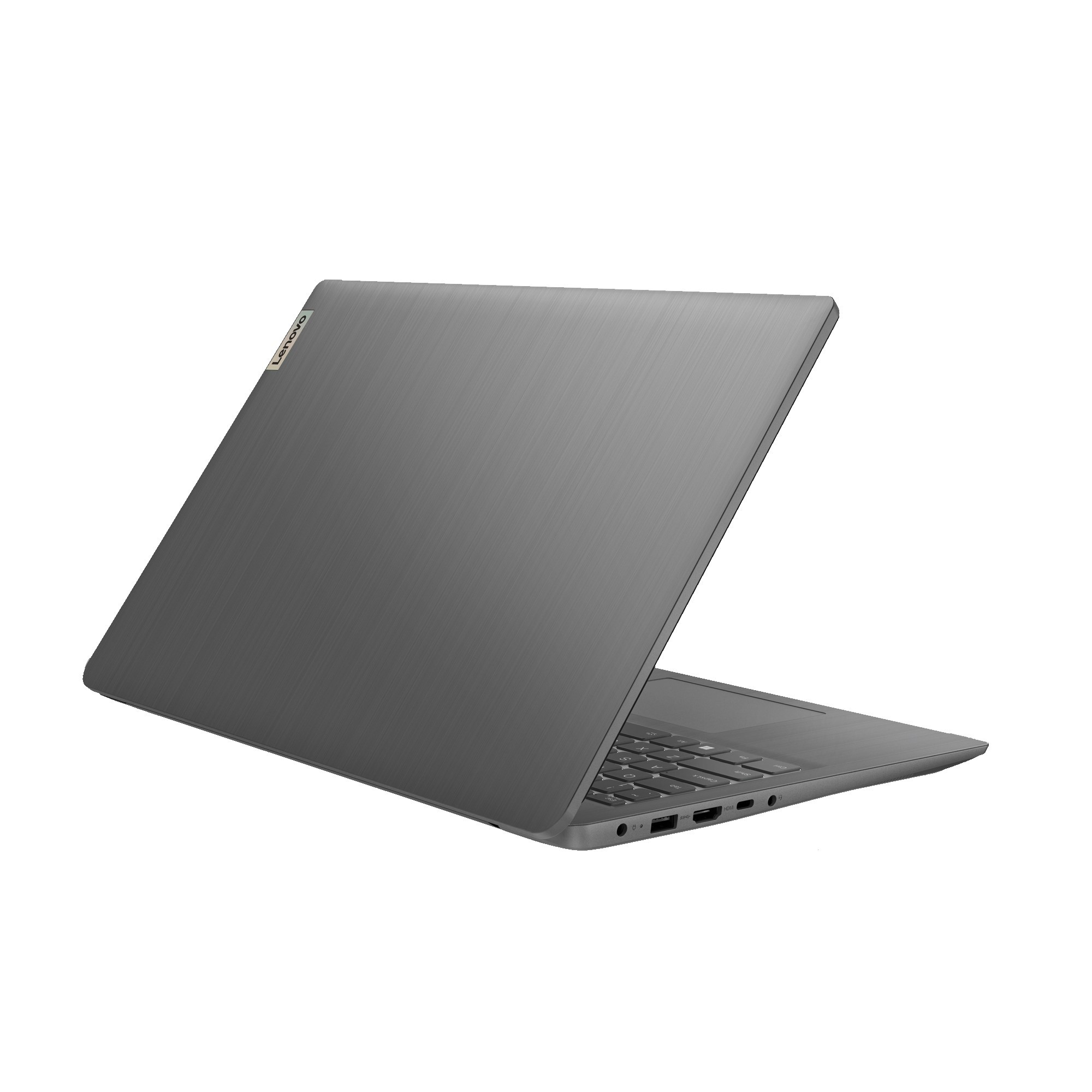 Grauer Lenovo-Laptop von hinten betrachtet. Das Lenovo-Logo befindet sich oben links.