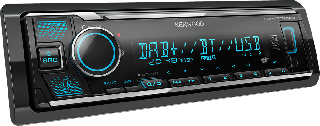 Kenwood Autoradio mit blau beleuchtetem Display und Knöpfen.