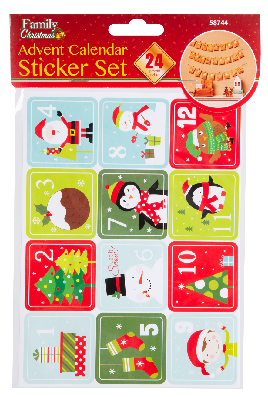Adventi naptár matrica készlet karácsonyi témájú képekkel, piros, zöld, kék és fehér.