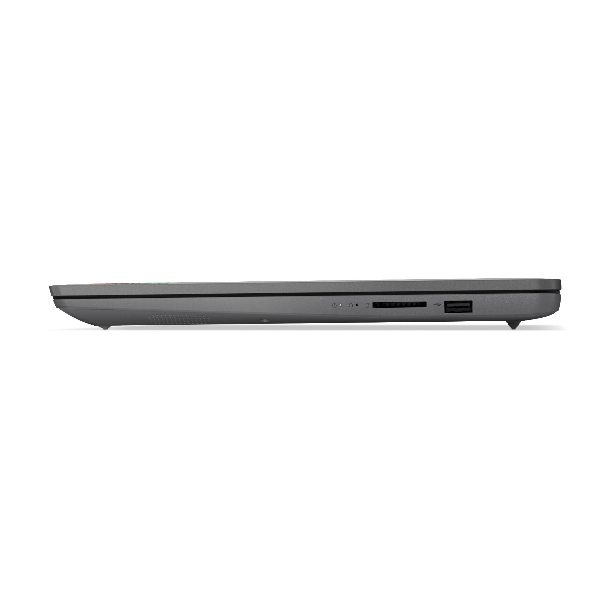 Seitenansicht eines grauen Laptops, die Anschlüsse und einen kleinen Einschaltknopf zeigt.
