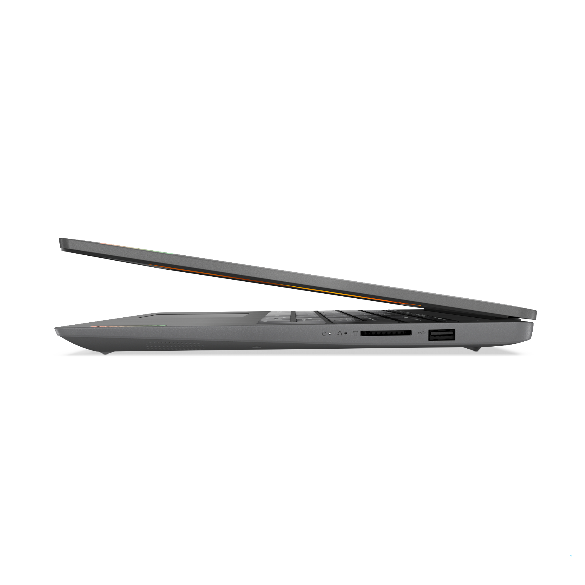 Grauer Laptop, geöffnet, Seitenansicht. Tastatur sichtbar, Bildschirm oben. Schwarzer Streifen oben.