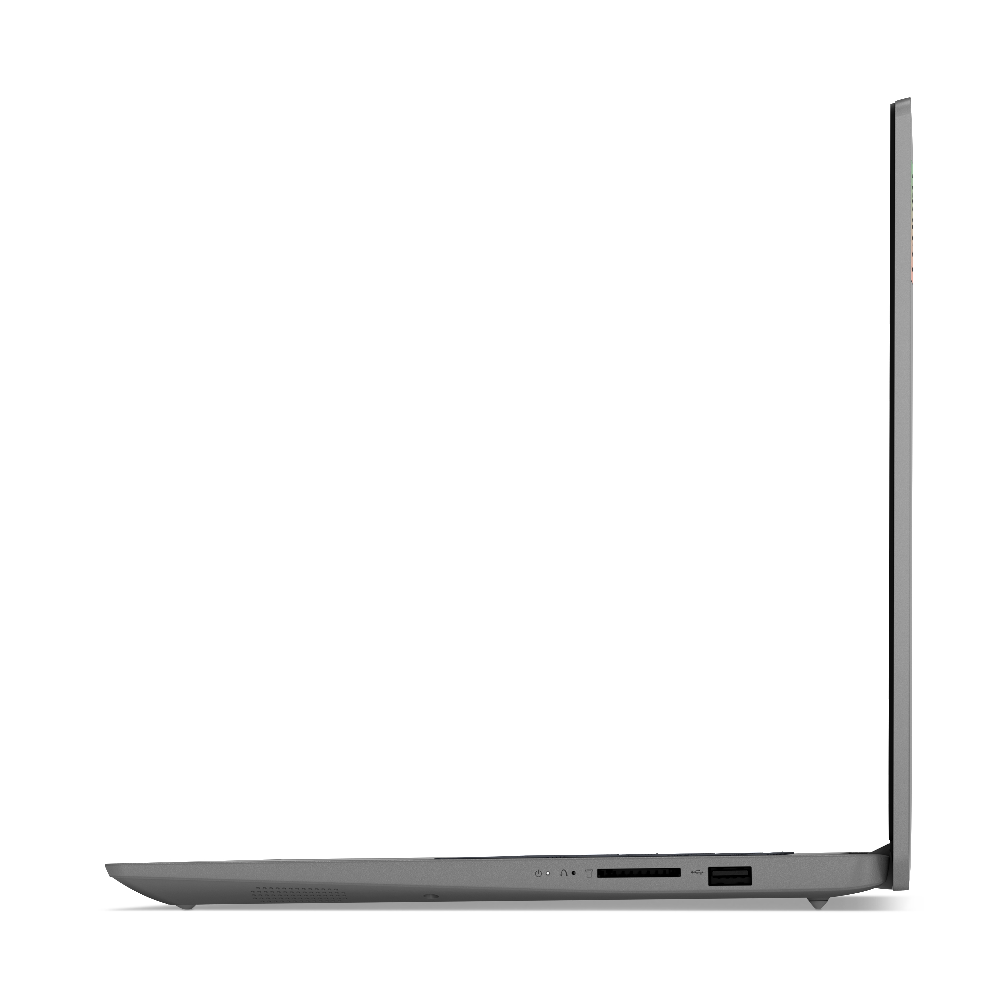 Seitenansicht eines grauen Laptops mit Profil und Anschlüssen.