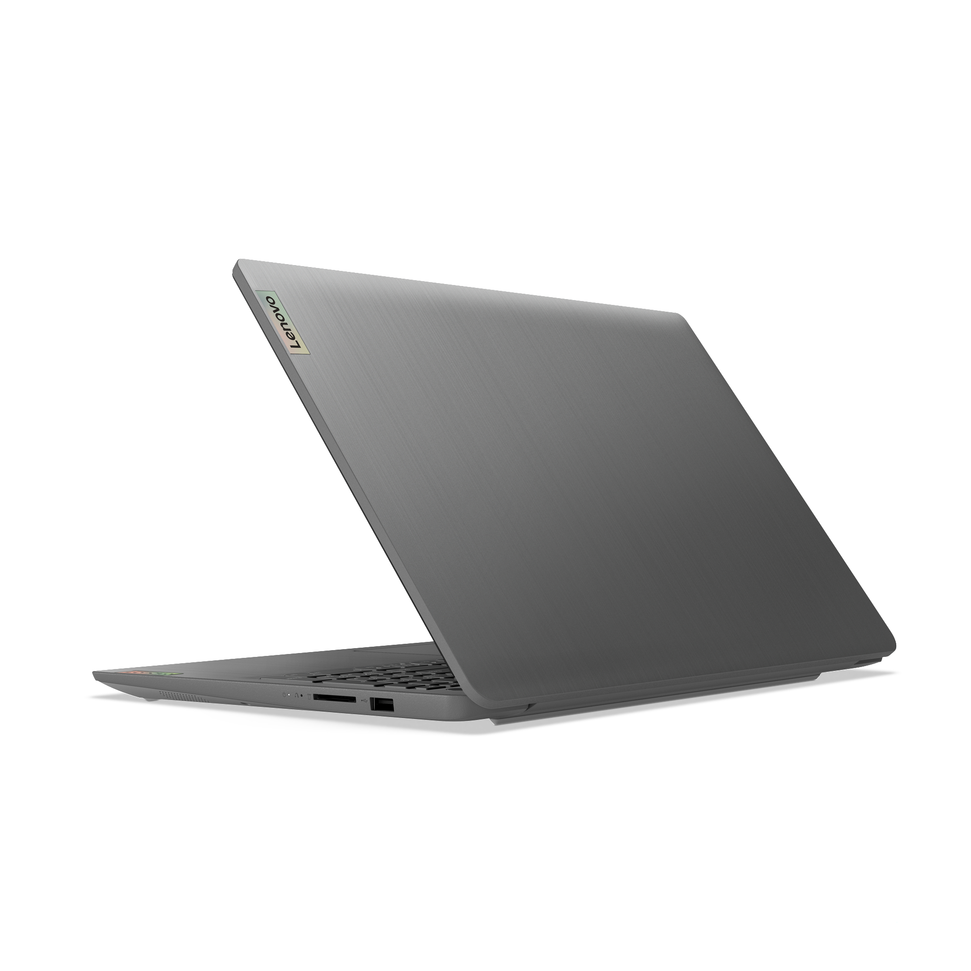 Lenovo Laptop, grau, geöffnet, Rückansicht.