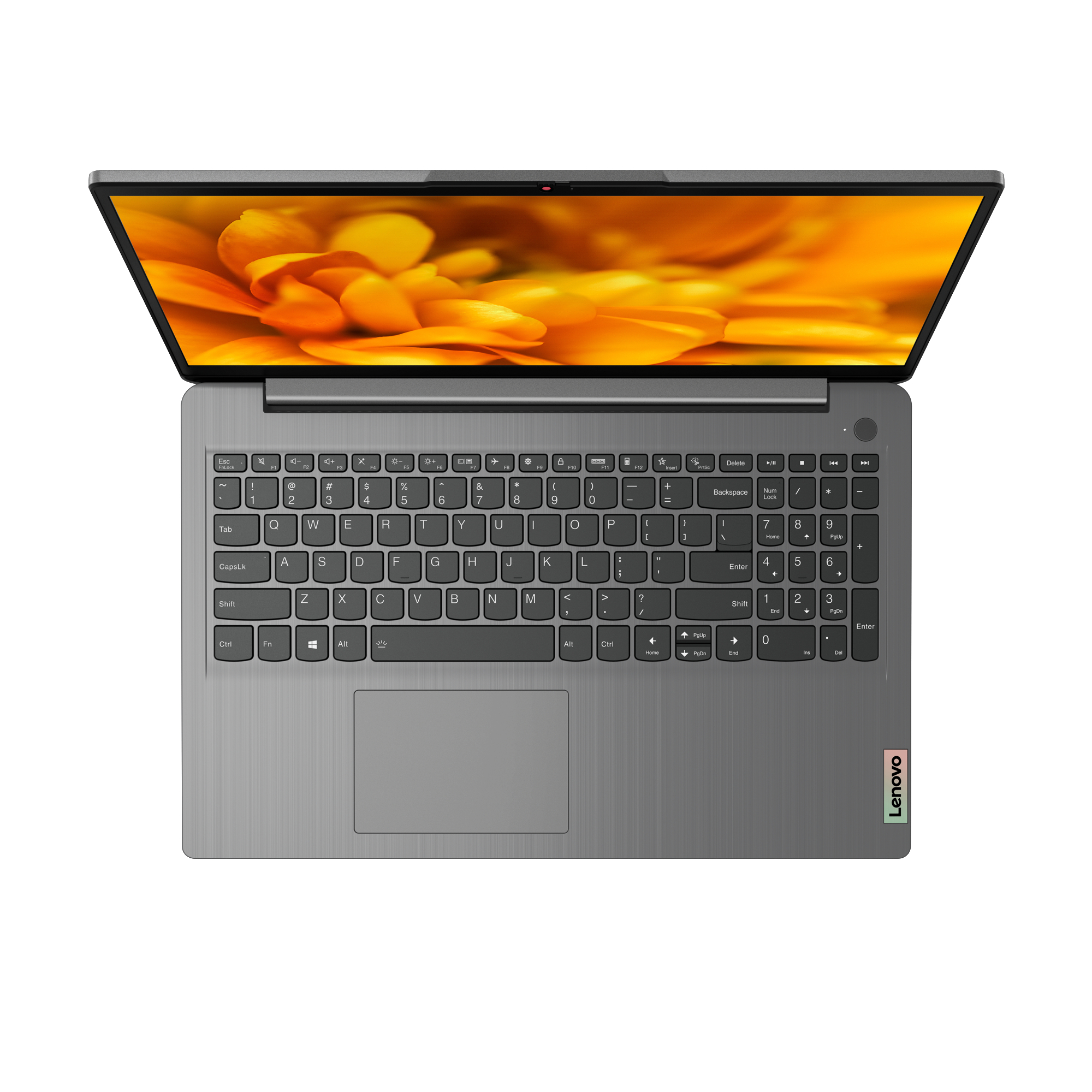 Grauer Lenovo Laptop mit offenem Bildschirm, der einen floralen Hintergrund zeigt, Tastatur sichtbar.