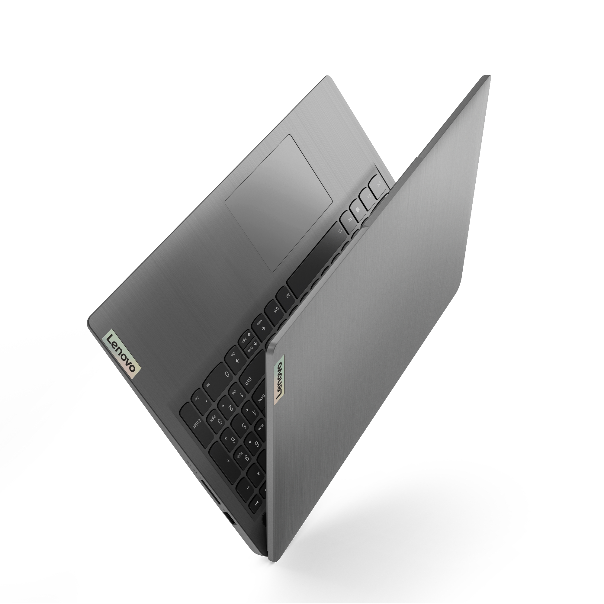 Lenovo Laptop, graue Farbe, in einem Winkel geöffnet, Draufsicht.