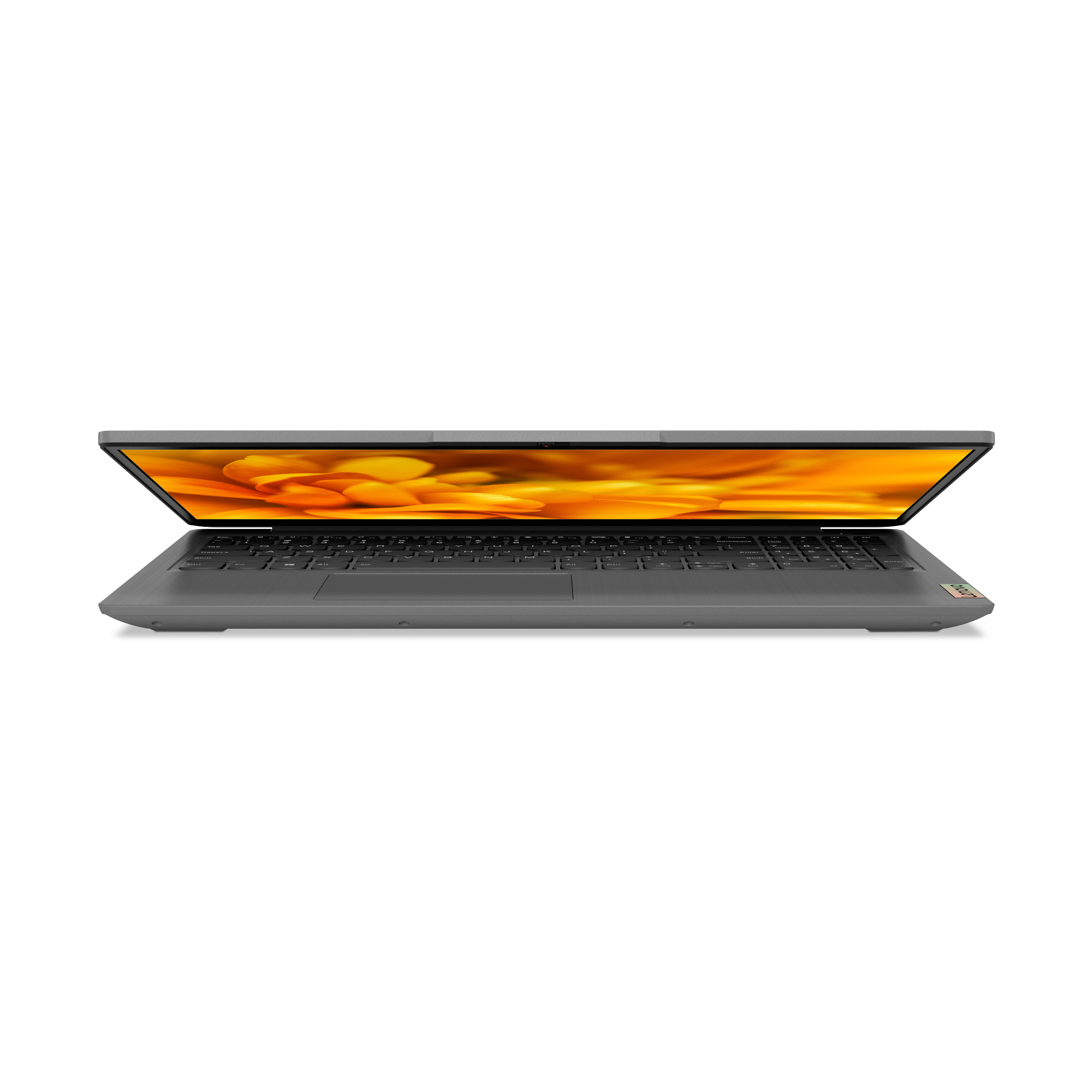 Grauer Laptop mit orange-gelbem Bildschirm, weißer Hintergrund.