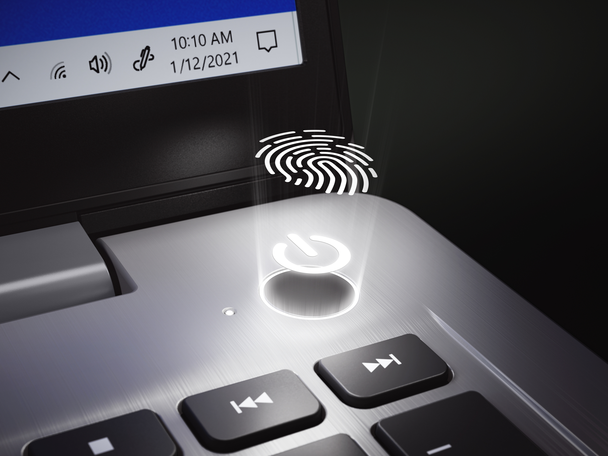 Fingerabdruck und Power-Button-Symbol über einer Laptop-Tastatur. Zeit und Datum werden angezeigt.
