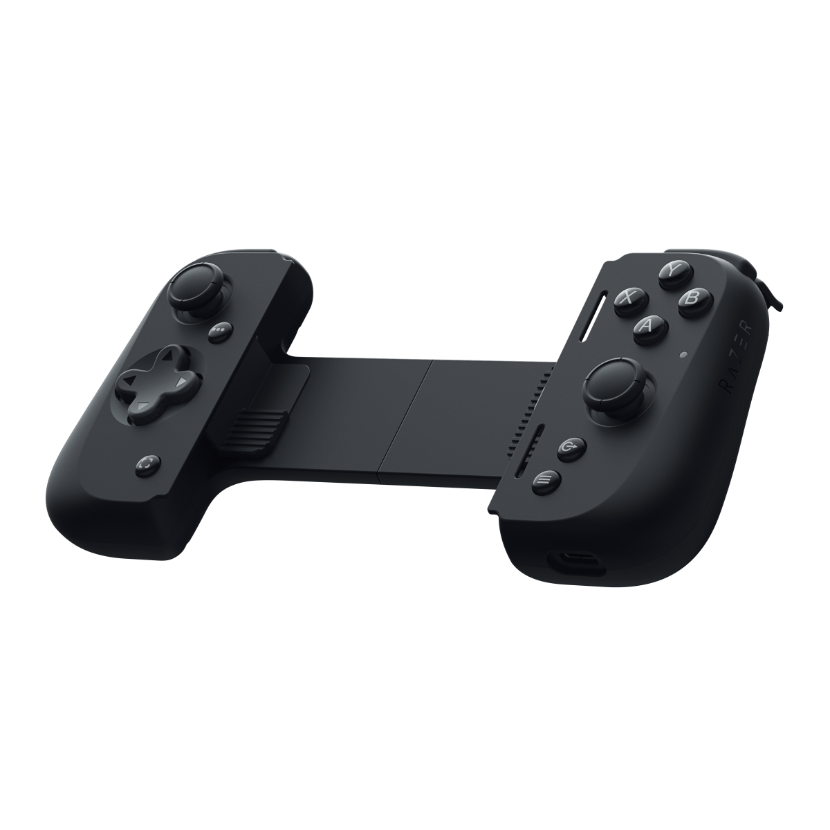 Mando de juegos Razer negro. Está sobre una superficie blanca.