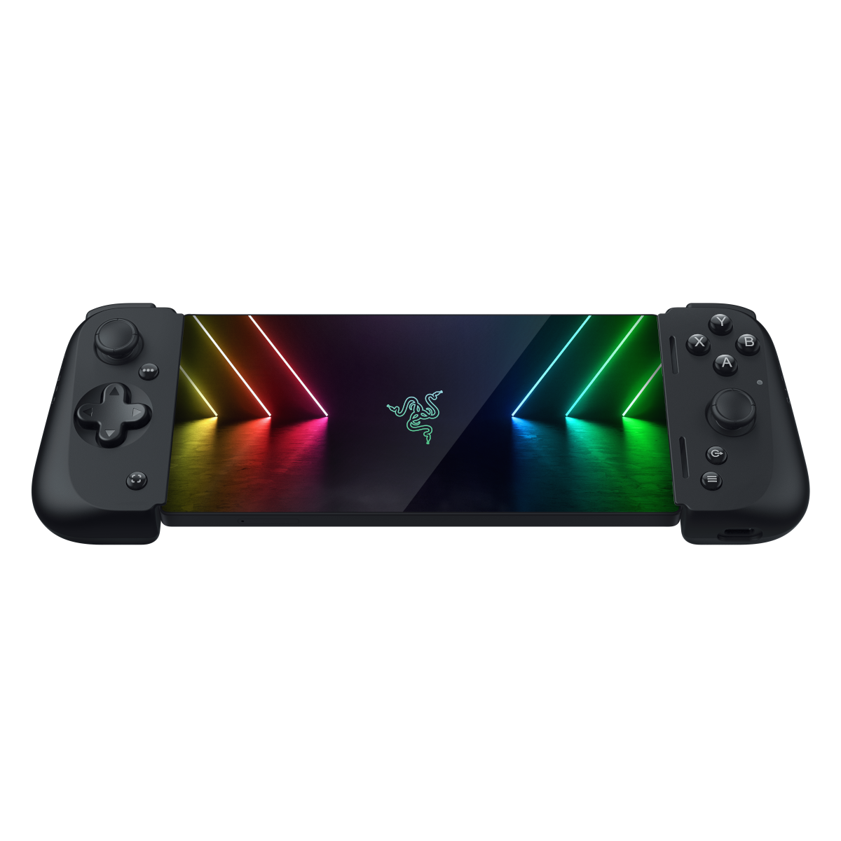 Dispositivo de juego Razer negro con pantalla y controles adjuntos a cada lado.