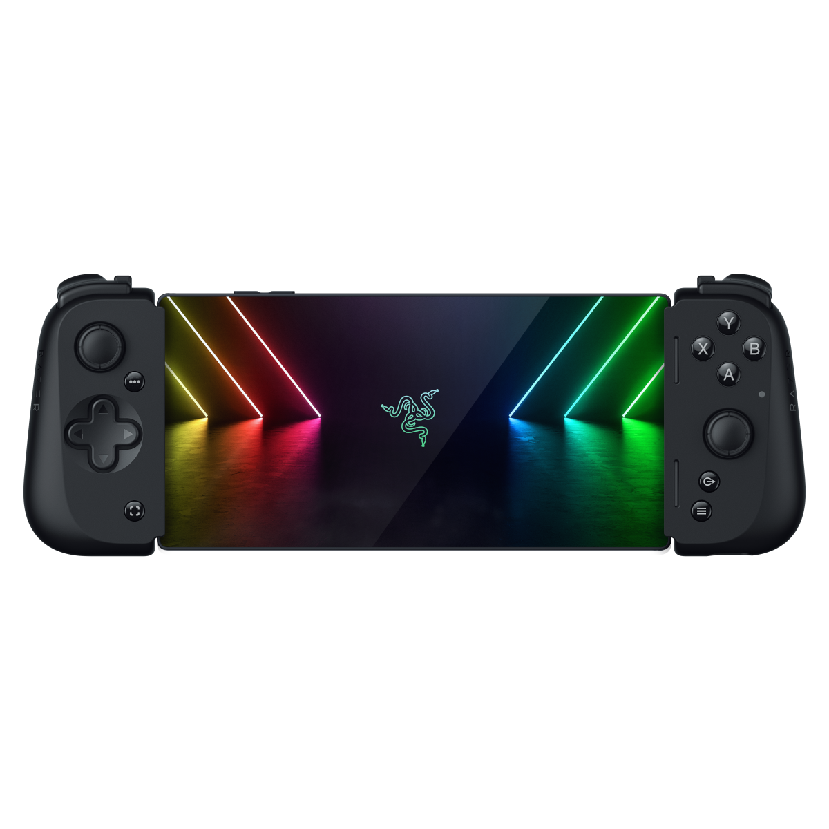 Consola de juegos portátil negra con agarres de control y una pantalla central.