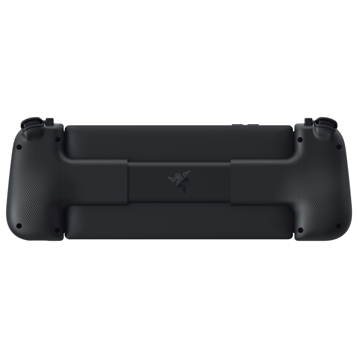 Mando de juego negro. Logotipo de Razer en la parte trasera. Dos agarres se extienden desde el centro.