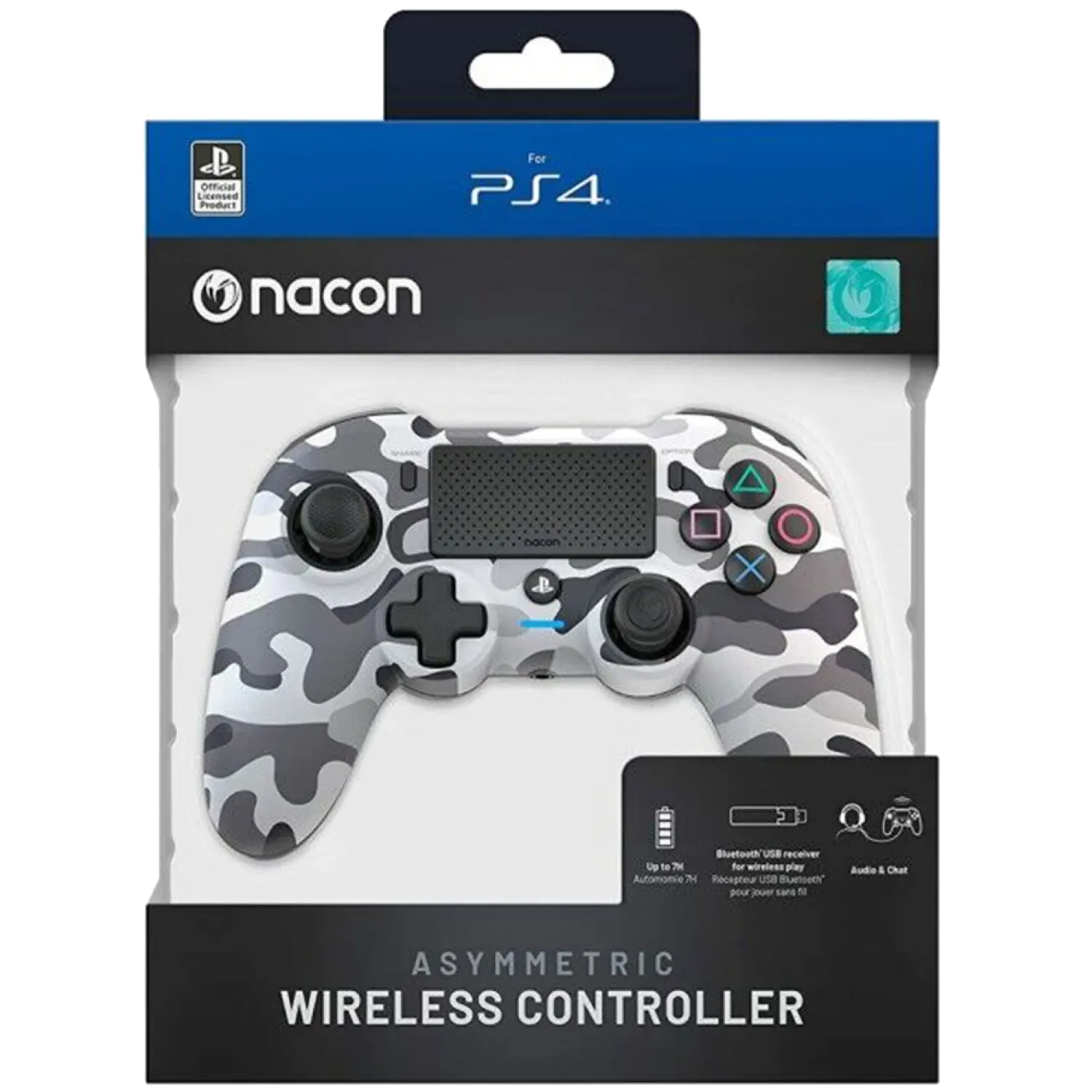 Mando inalámbrico PS4 en embalaje, con diseño de camuflaje.