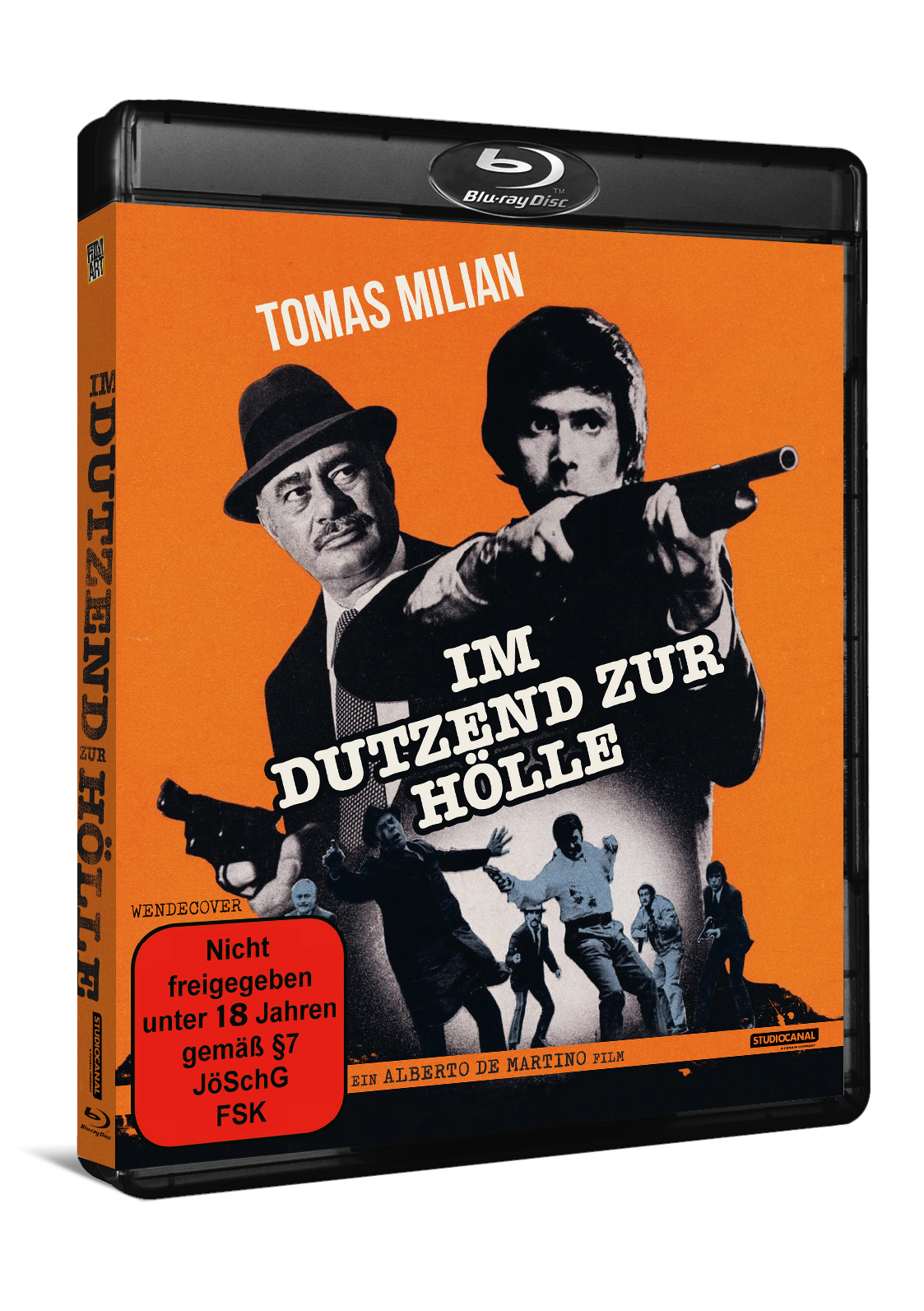 Blu-ray-Boxart für einen Film mit zwei Männern mit Waffen, im Retro-Design.