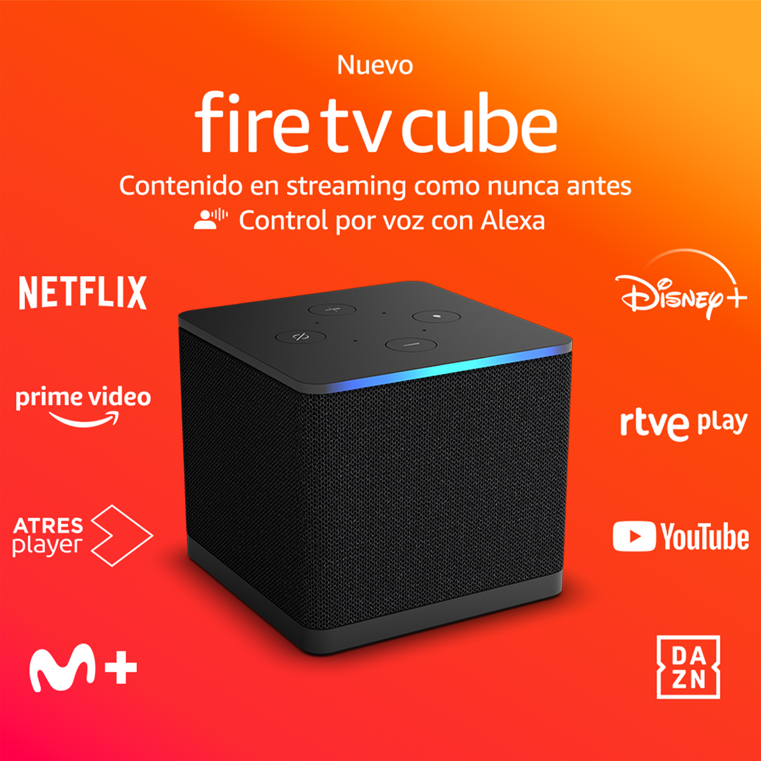 Anuncio de Fire TV Cube con logotipos de servicios de streaming. Incluye Netflix, Prime Video y más.