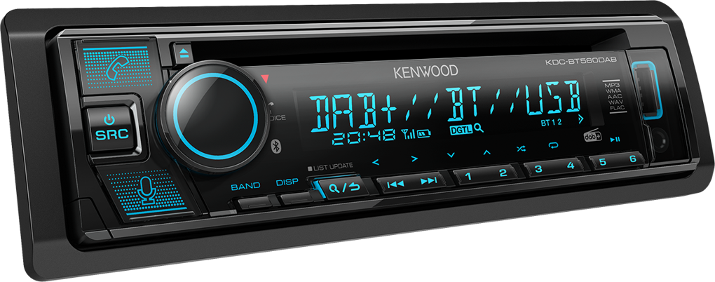 Kenwood Autoradio-Empfänger. Schwarze Front mit blau beleuchteten Knöpfen und Display.