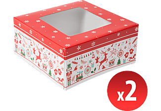 FAMILY CHRISTMAS Ajándékdoboz - papír, karácsonyi mintás - átlátszó tetővel -  2 db / csomag