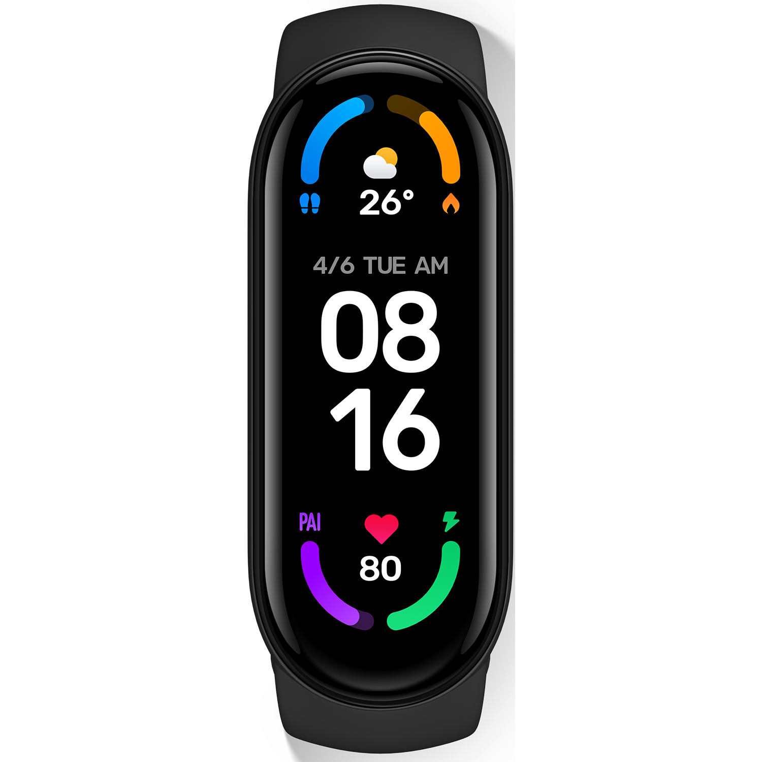 Smartwatch negra con pantalla que muestra la hora, frecuencia cardíaca y otras métricas.