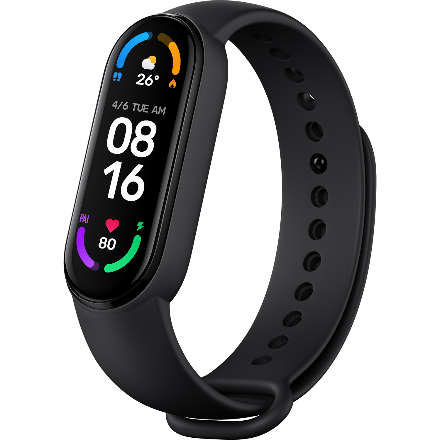 Reloj inteligente negro con correa negra. La pantalla muestra la hora, la fecha y métricas de actividad.