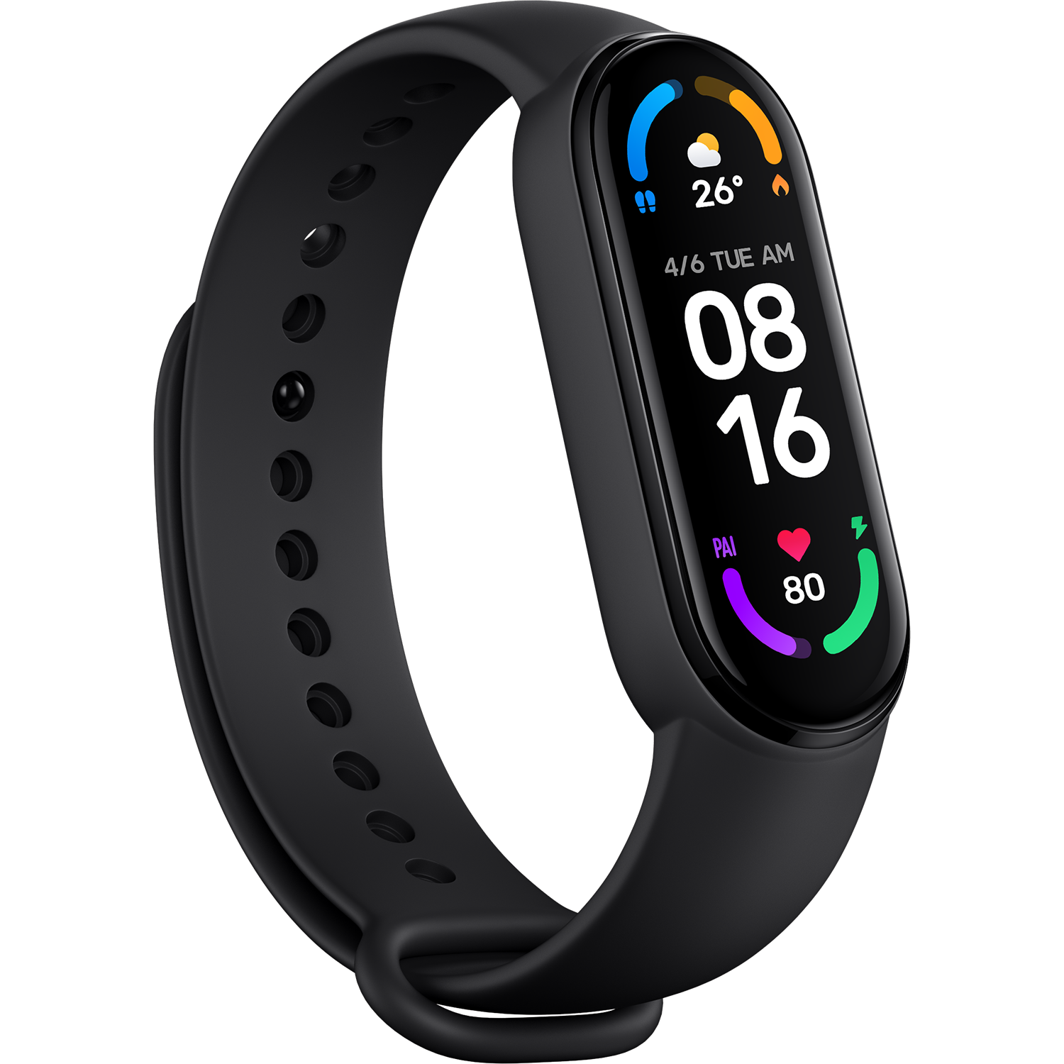 Pulsera de actividad negra con hora, fecha y datos de salud. Correa negra.