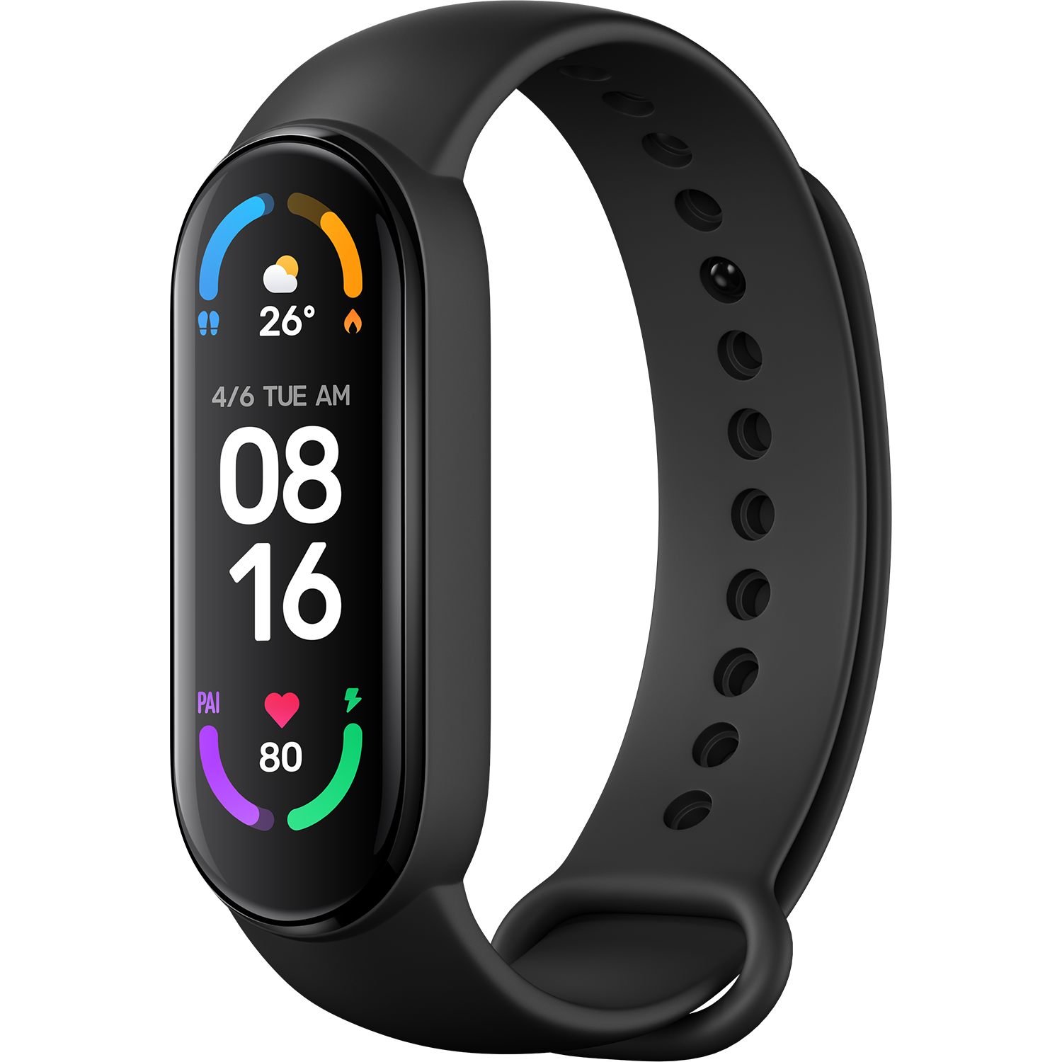 Reloj rastreador de fitness negro que muestra la hora, la frecuencia cardíaca y otras métricas de salud.