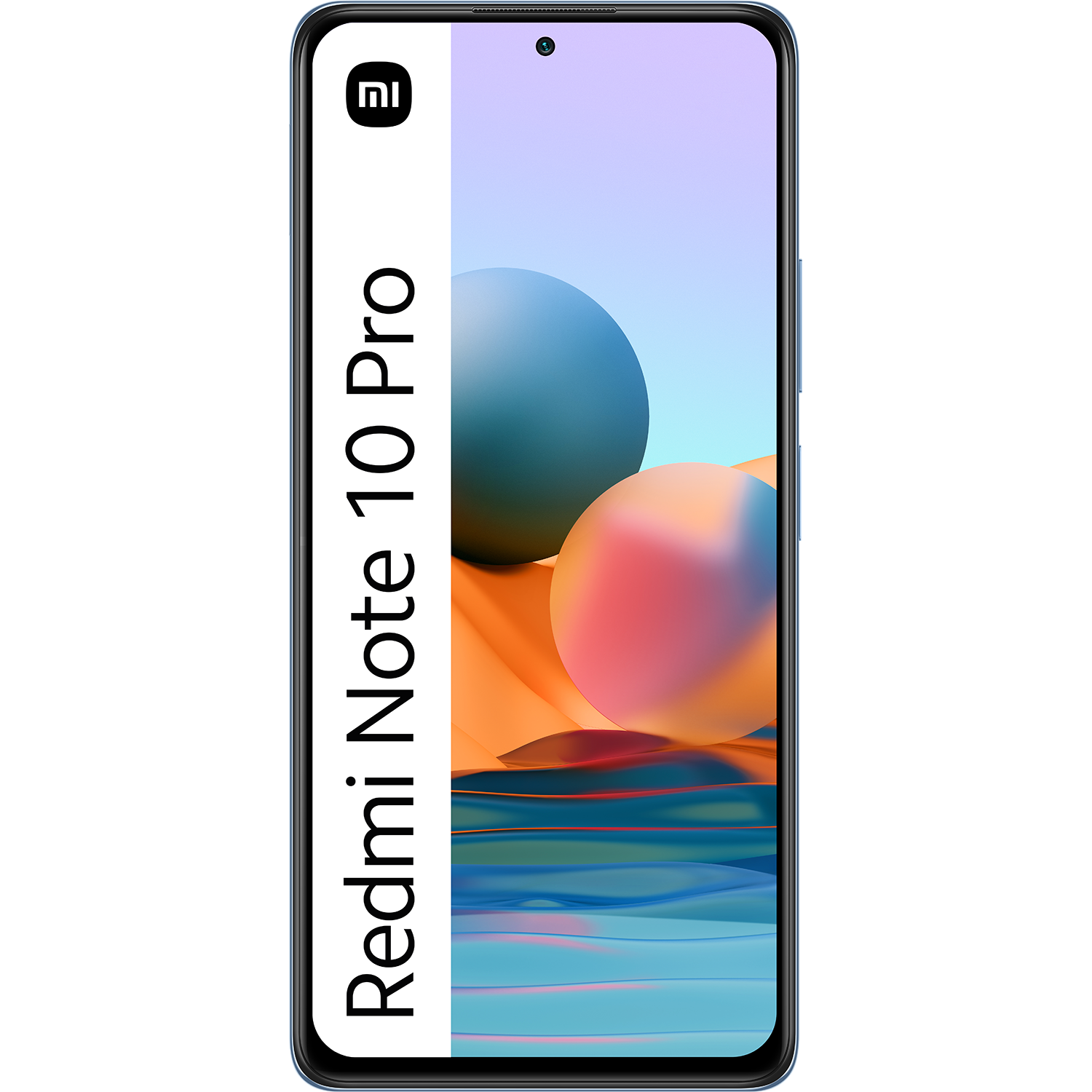 Smartphone con pantalla mostrando imagen colorida. Barra blanca muestra el nombre del teléfono.
