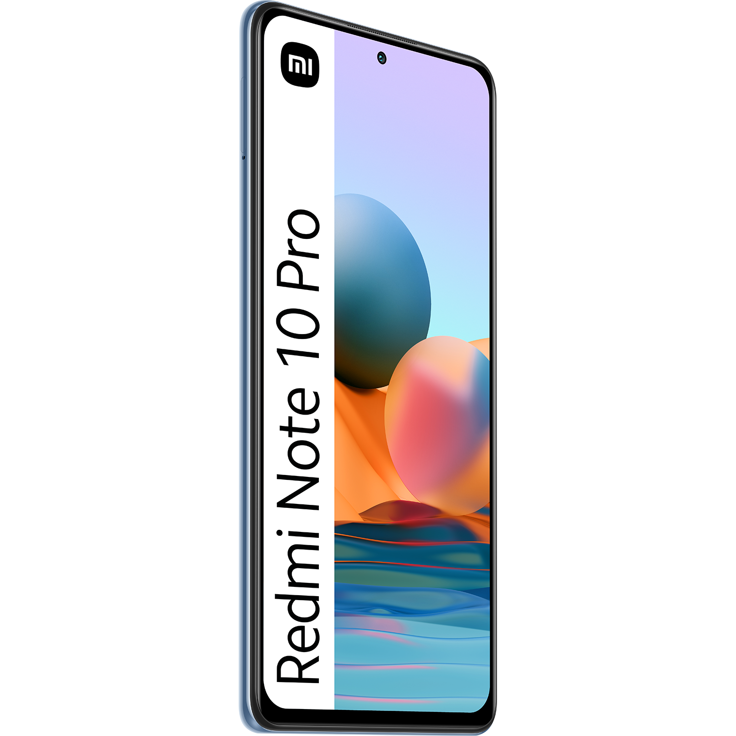 Un teléfono Xiaomi Redmi Note 10 Pro en azul con una pancarta de texto blanco.