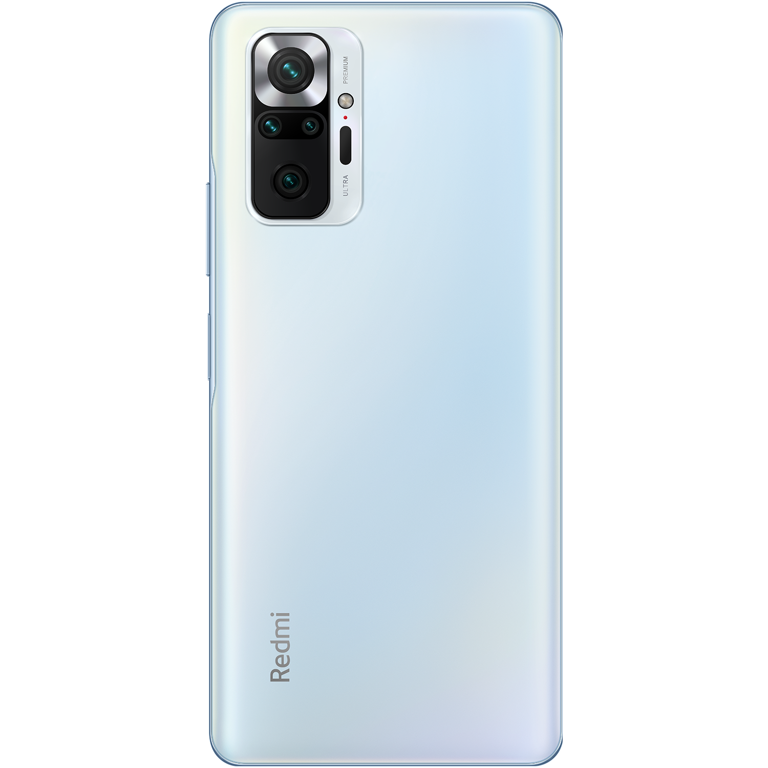Smartphone blanco, vista trasera. Triple cámara, flash y logo Redmi. Fondo negro.