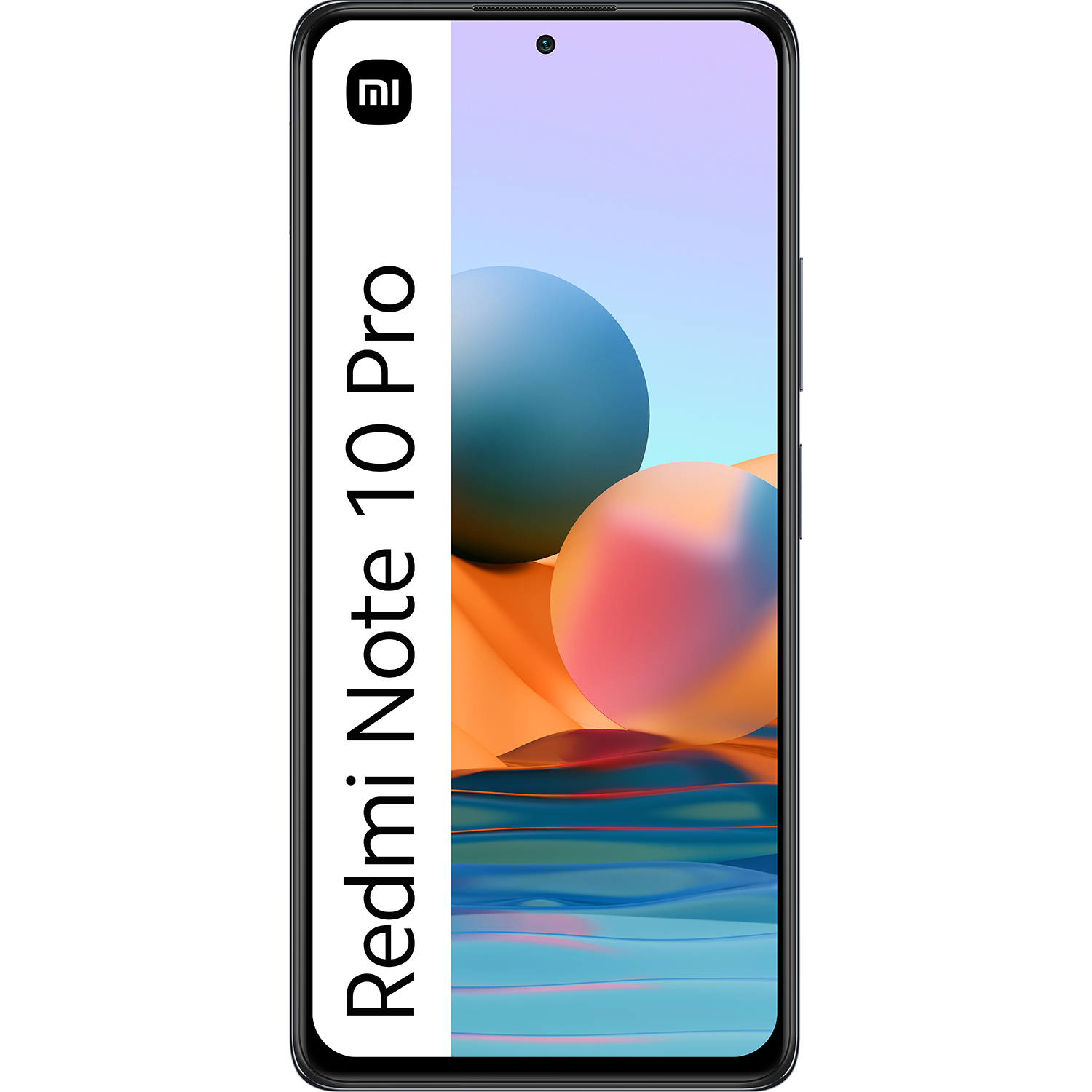 Teléfono Redmi Note 10 Pro con la pantalla encendida, mostrando un fondo de pantalla colorido.