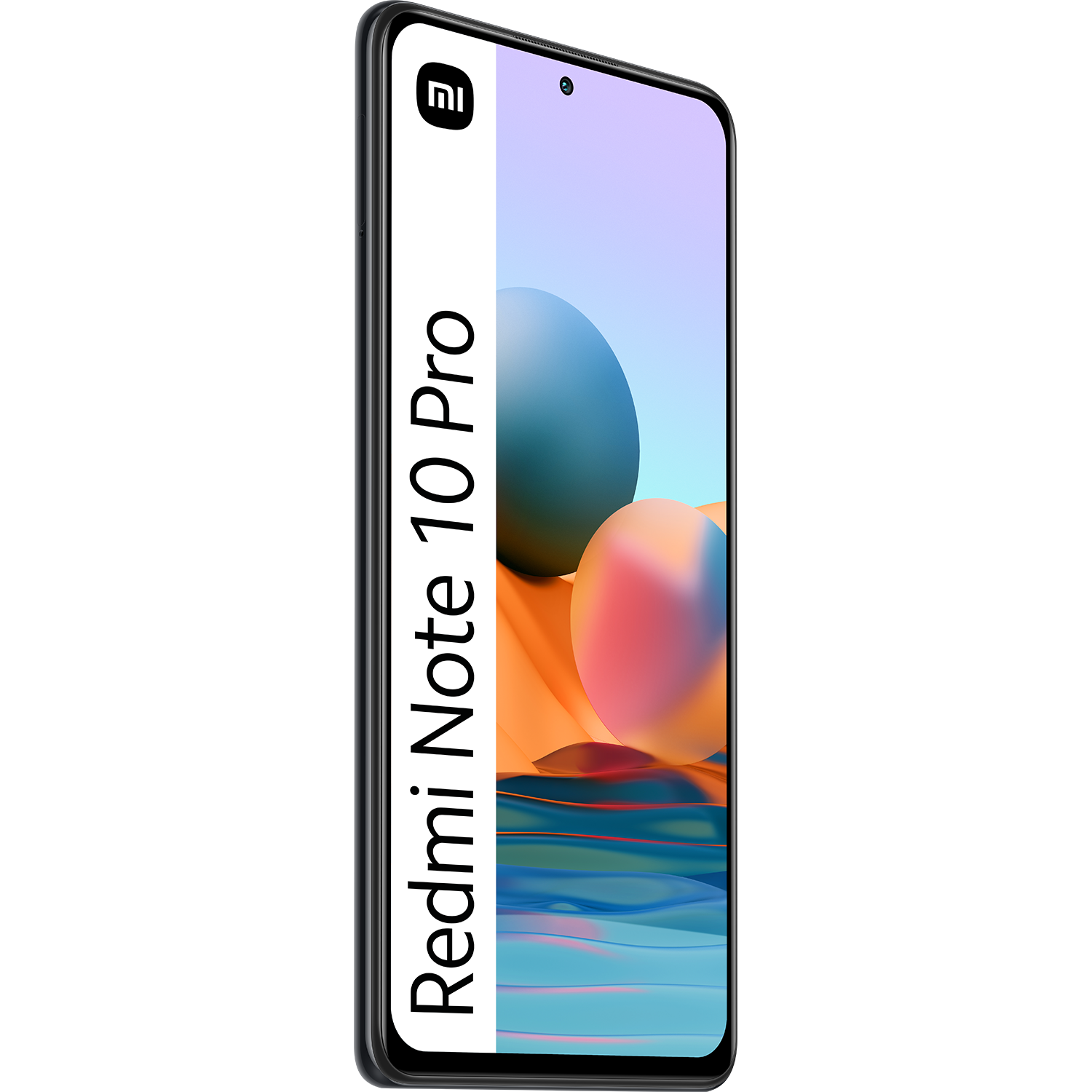 Teléfono Redmi Note 10 Pro, pantalla con diseño colorido. Marco negro.