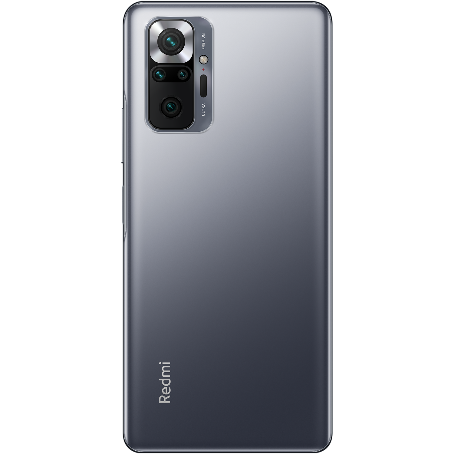 Parte trasera de un smartphone, gradiente gris, cámaras y logo Redmi. Fondo negro.