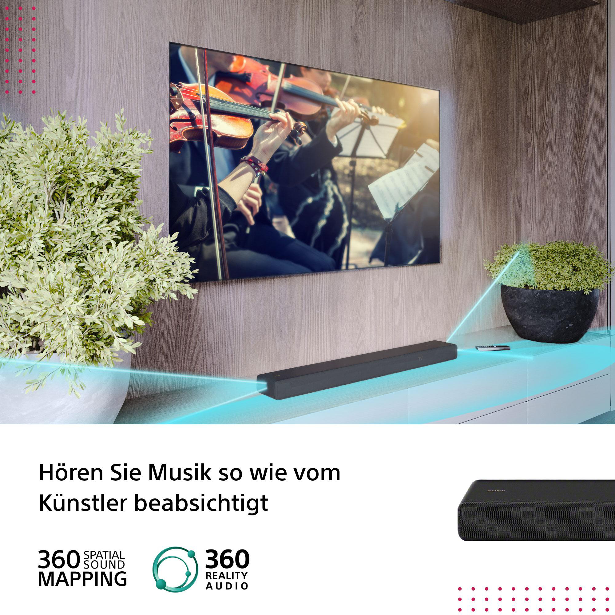 Wohnzimmer-Setup mit Fernseher, Soundbar und Pflanzen mit Licht.