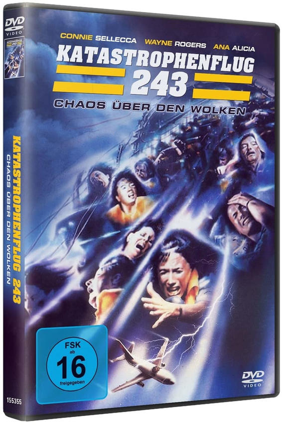 DVD-Cover für 'Katastrophenflug 243', zeigt Menschen in Not. Das Cover hat Text und ein abstürzendes Flugzeug.