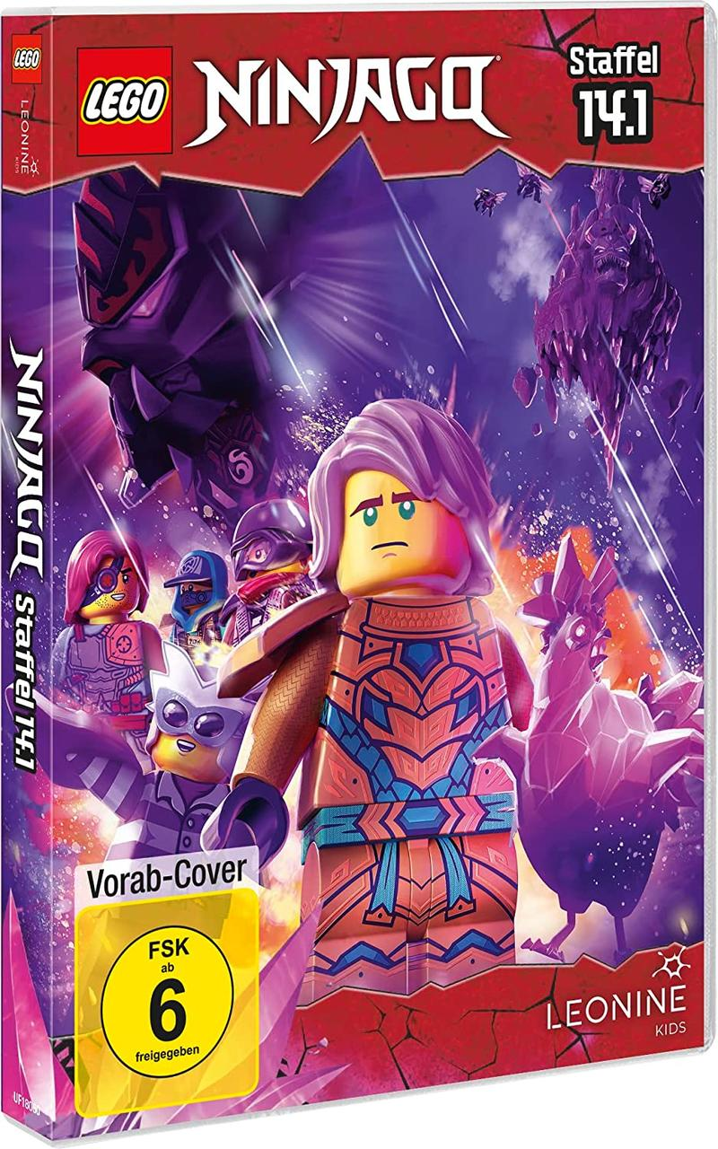 DVD-Cover für LEGO Ninjago mit Lego-Charakteren. Es trägt den Titel 'Ninjago Staffel 14.1'.